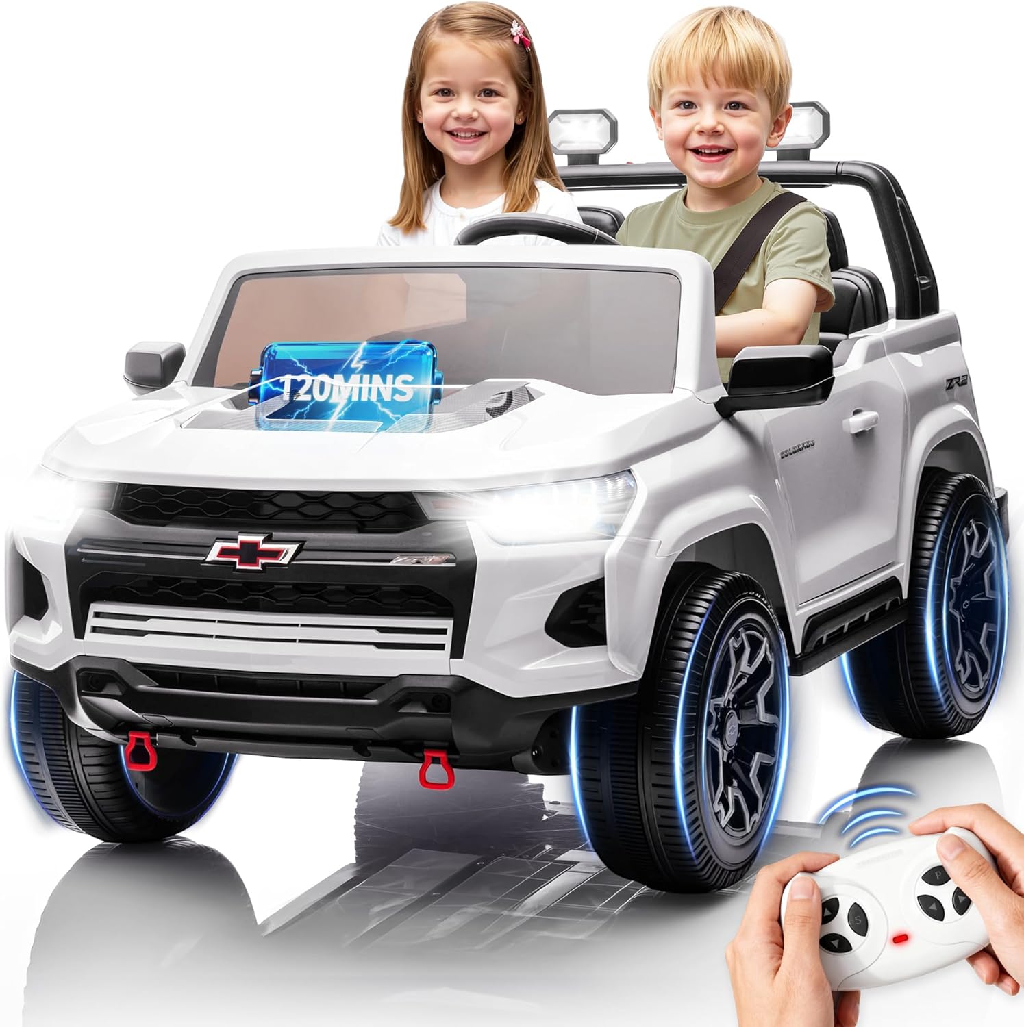 Licensed Chevrolet Colorado 24V Ride On Truck for Kids, 2 Seater 4WD Electric Car w/Remote Control, 132 lbs Max Capacity, 4x100W Motors, Bluetooth, LED Lights, White Toy Vehicle for Boys & Girls