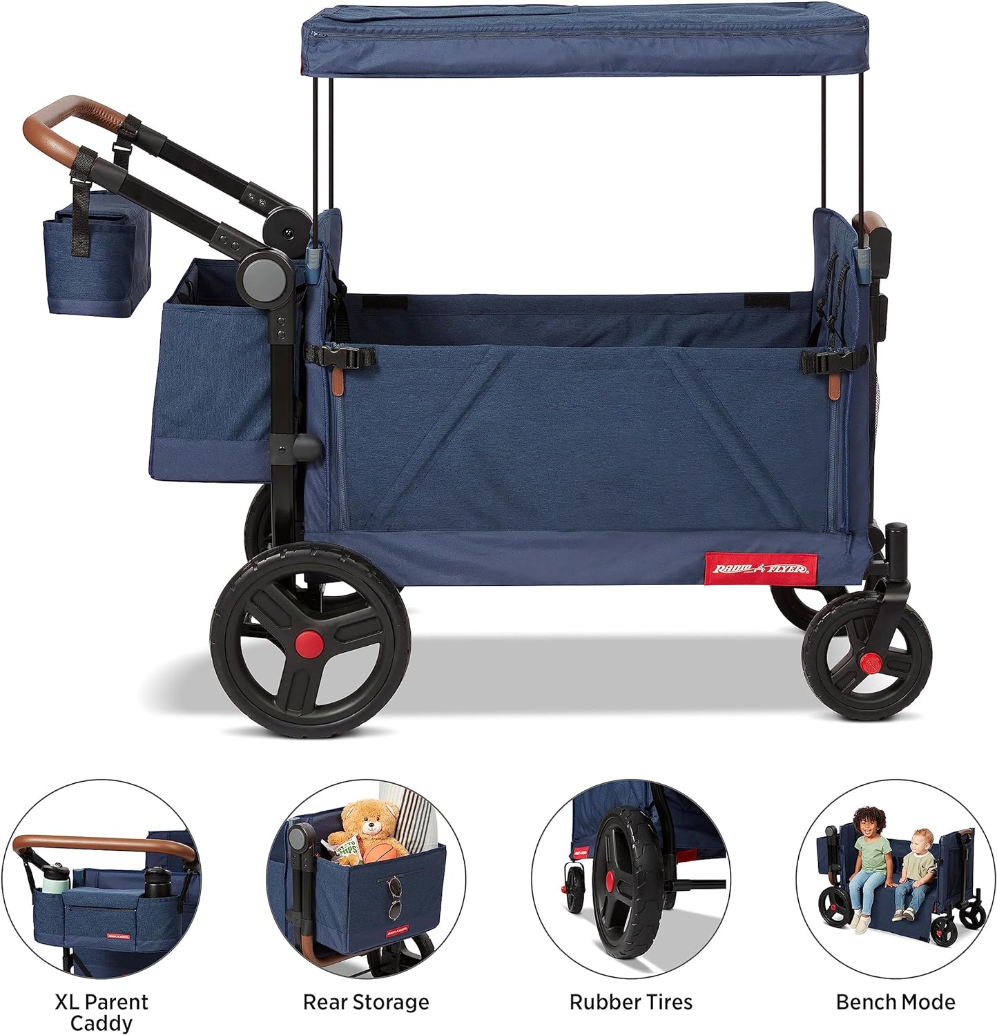 Radio Flyer Atlas Stroll ’N Wagon, Navy Blue, for Ages 1+, 3-in-1 Push or Pull Versatility, One-Hand Fold, UV Canopy, 5-Point Harnesses, Storage Capabilities, Rubber Wheels, Stroller Wagon for Kids