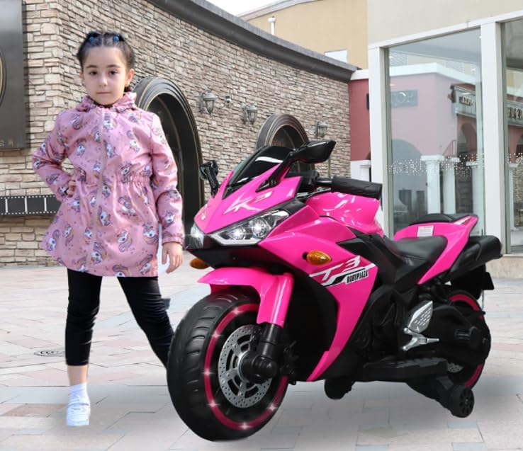 Kids Electric Motorcycle with Training Wheels/Light Wheels/Speed by Hand, Music Function (Pink)