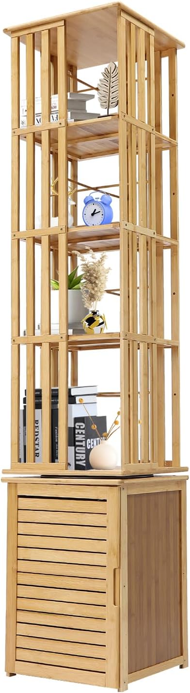 BFDIEEM Rotating Bookcase 6-Tier Corner Shelf Bamboo Media Storage, 67.7