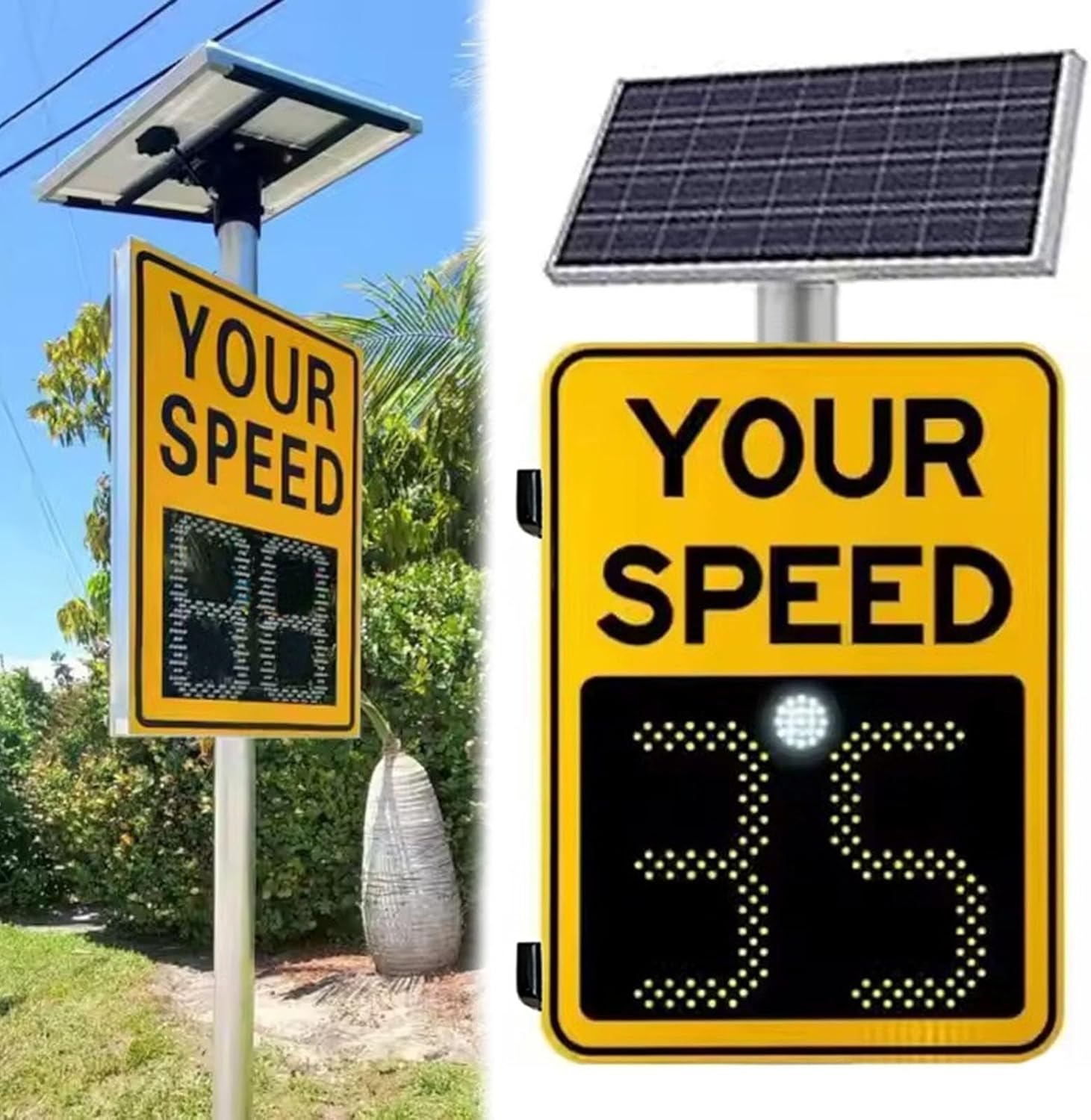 Red/Green LED Speed Limit Radar, Solar Detection Warning Sign, for Road and Street Safety, IP65 Waterproof, high Brightness Display(Yellow,60 * 90cm)