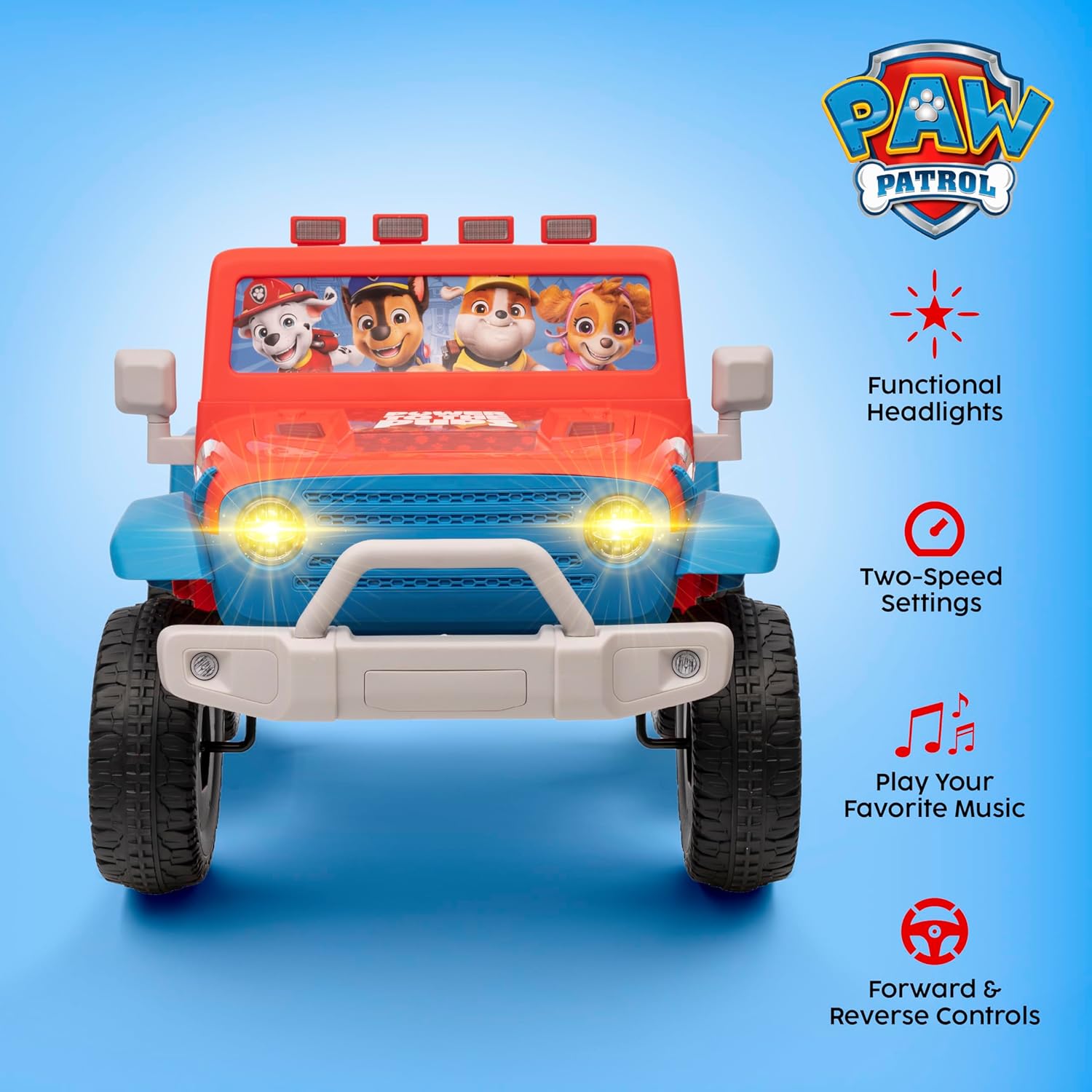 Paw Patrol - 12V Kids Ride On Jeep with Rechargeable Battery, LED Headlights, Press-Button Start, Durable Wheels, Forward & Reverse Drive, Contoured Seat