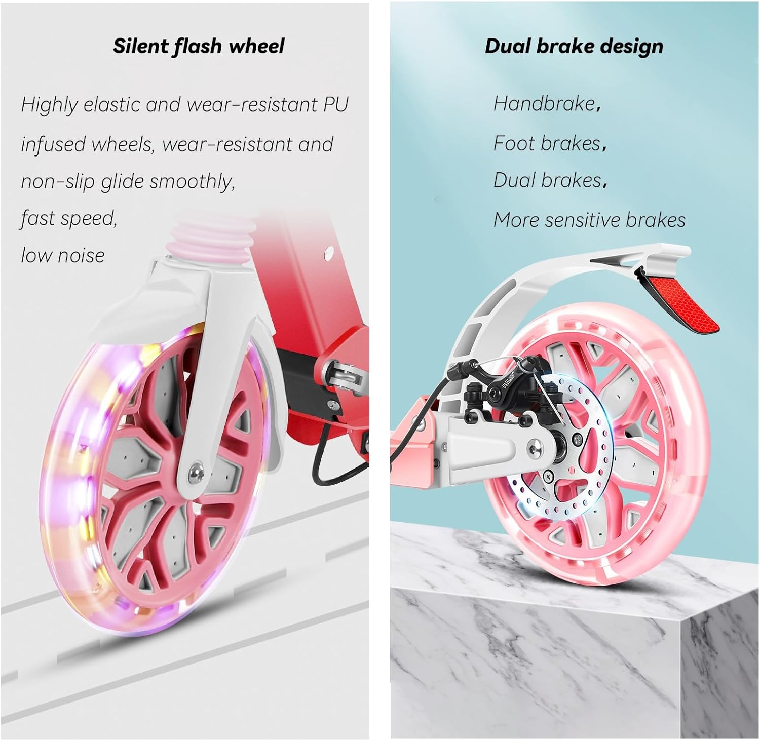 Folding Kick Scooter for Kids and Teens,2 Flash Wheels Scooter with 5-Level Adjustable Handlebar,Dual-Brake System,Aluminum Alloy Frame,Sports Scooter for Ages 8+,300Lb Weight Capacity