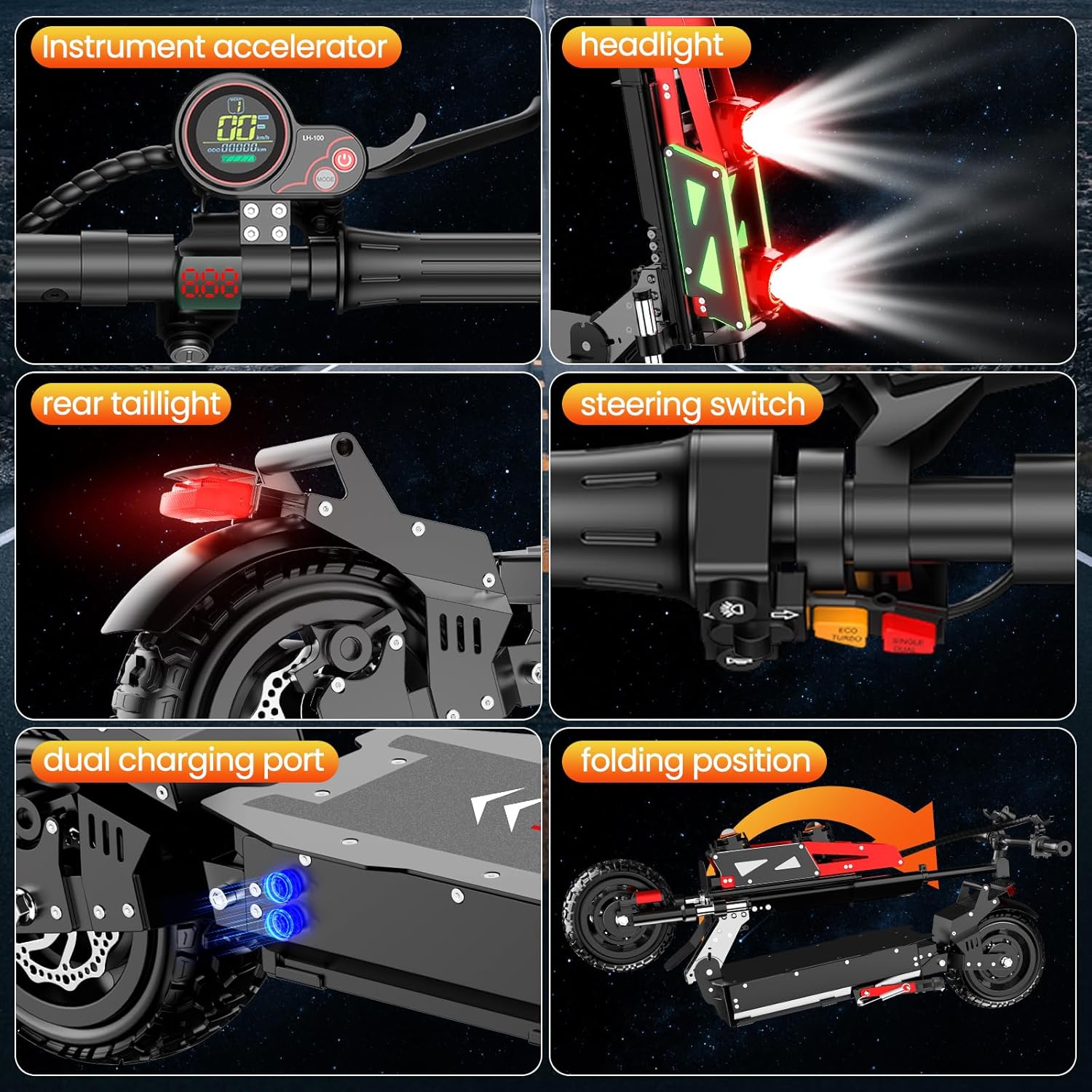 Electric Scooter Adults 60V 6000W Dual Motor Fast Folding Scooter with 3-Speed Variable Top Speed 60 mph Range 55 mph Off-Road 11' Tires with Seat Maximum Load 800 lbs Dual Drive Brakes Commuter Bike