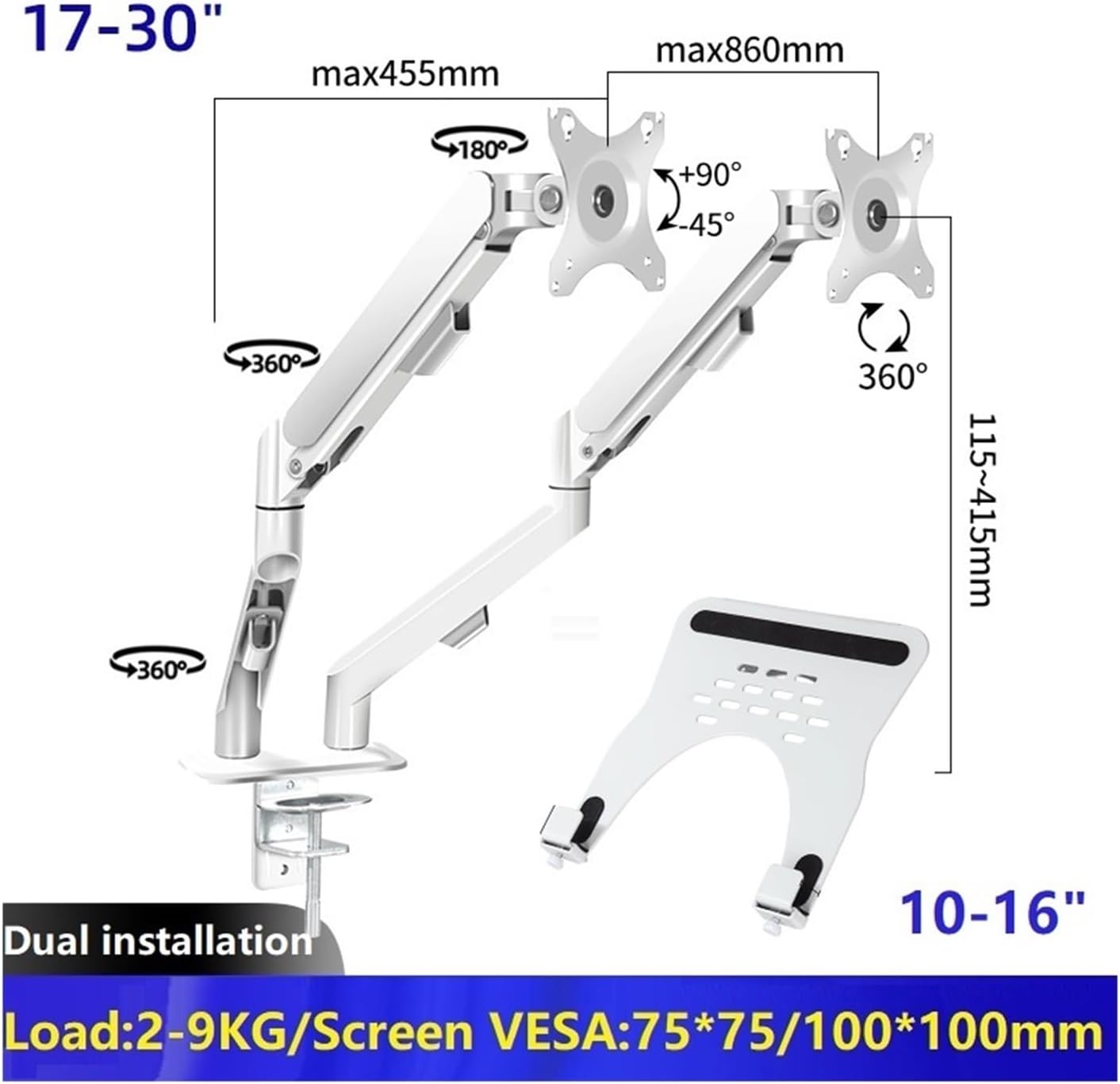 Monitor arm + laptop stand, full-motion stand, suitable for 10-16 inch laptops and 13-32 inch computer LED LCD screens, supports tilt and rotation(Xy360-M22W)