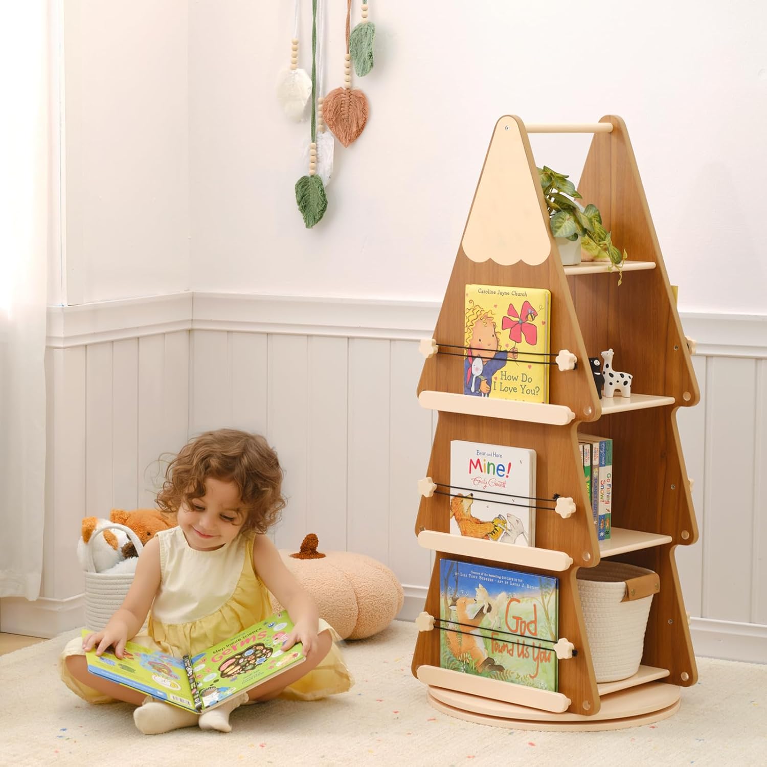 great sheep Solid Wood Kids Bookshelf, 4 Tier Rotating Bookshelf, 360° Revolving Bookcase Floor Standing Tree Book Shelf for Kids Rooms, Living Room, Nursery