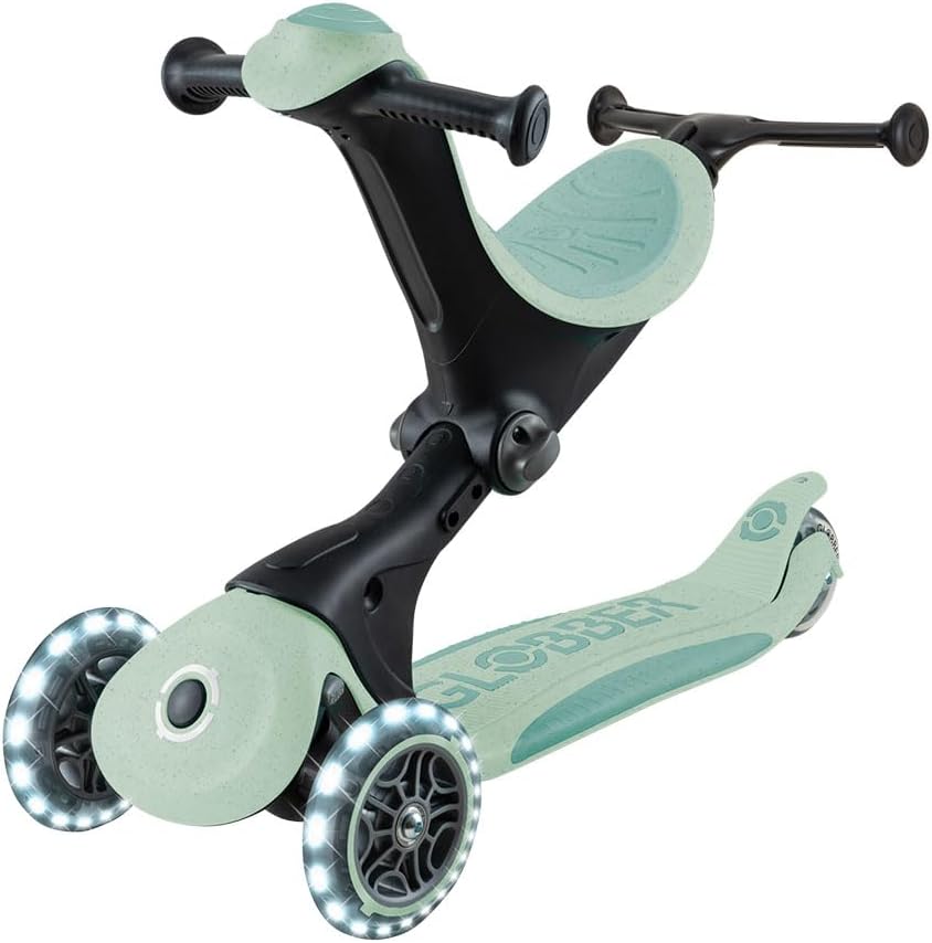 Globber - GO•UP Deluxe Lights ECO 360-3-Wheel Scooter with 360° Rotatable Seat, Footrest, LED and Durable Materials, 15 Months to 6 Years - Pistachio Green