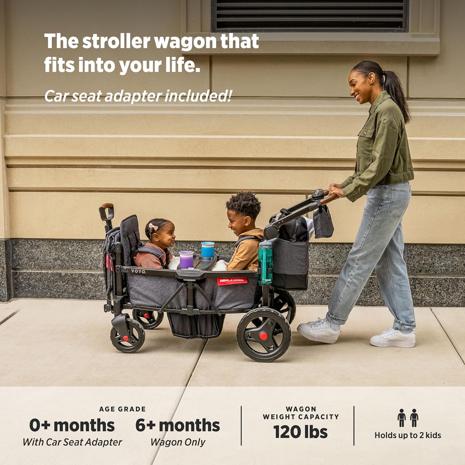 Radio Flyer Voya Stroller Wagon and Graco Car Seat Adapter Bundle, 2-Seater Collapsible Wagon with Low Sides and Adjustable Canopies, Gray