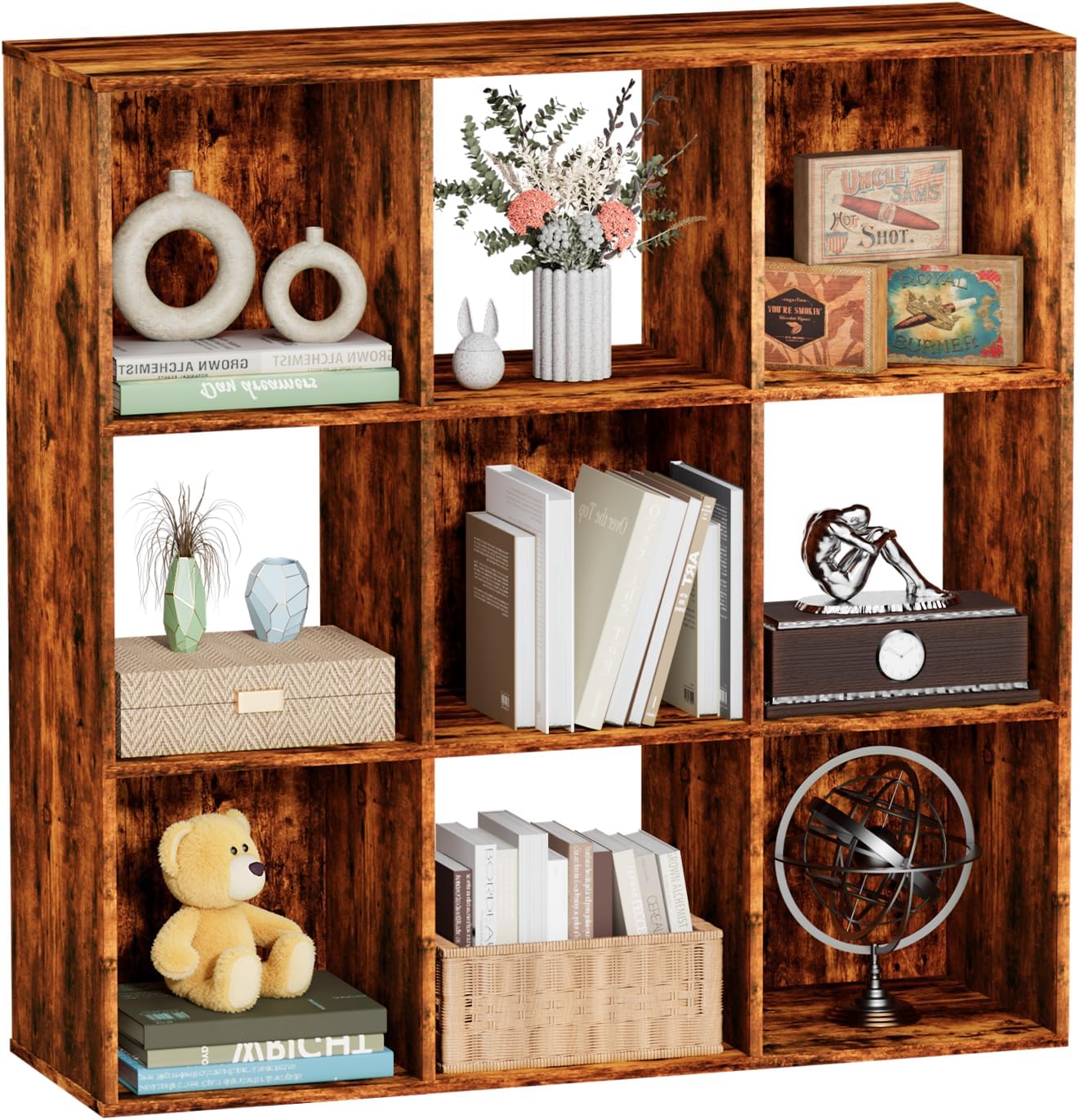Nestwise 9 Cube Storage Organizer, Free Standing Display Shelf with Open Cubes, Floor Standing Book Shelf Bookcase with Storage for Home Office, Living Room, Bed Room (Vintage Brown, 9-Cube)
