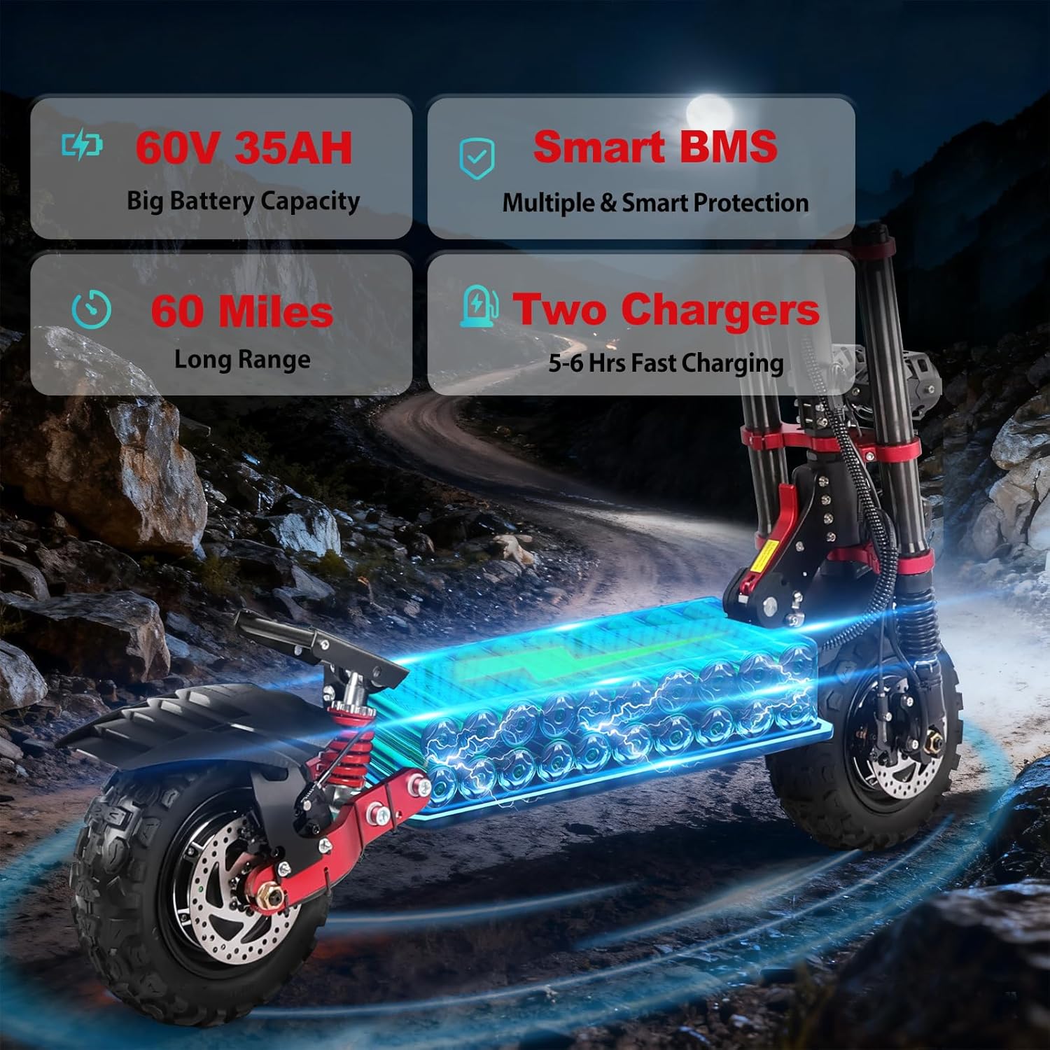 6000w Electric Scooter Dual Motor Up to 58 MPH, 60V35Ah Battery 60 Miles Long Range, Dual Suspension and Hydraulic Disc Brakes, Fat Tires Fast Electric Scooter with seat & Damper