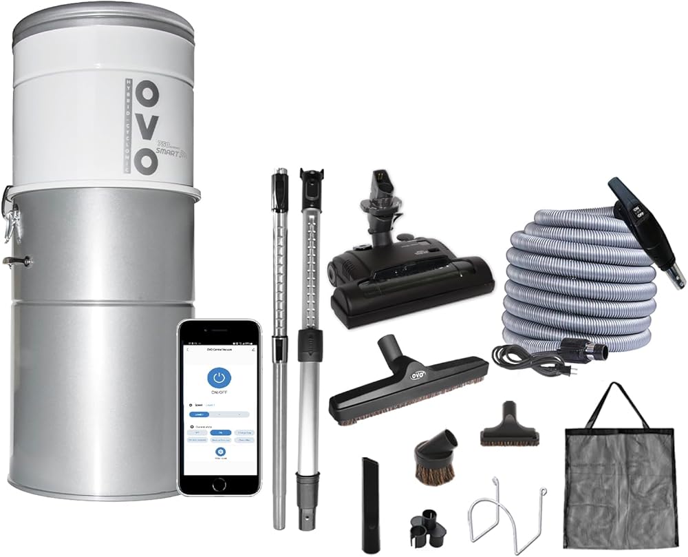 OVO 750 AW Smart Central Vacuum System-Conventional & Smart App ON/OFF Control and more-Soft Start/Stop, 3 Suction Levels & Voice Control Hybrid Filtration, + 40ft Carpet Deluxe Accessory kit Included