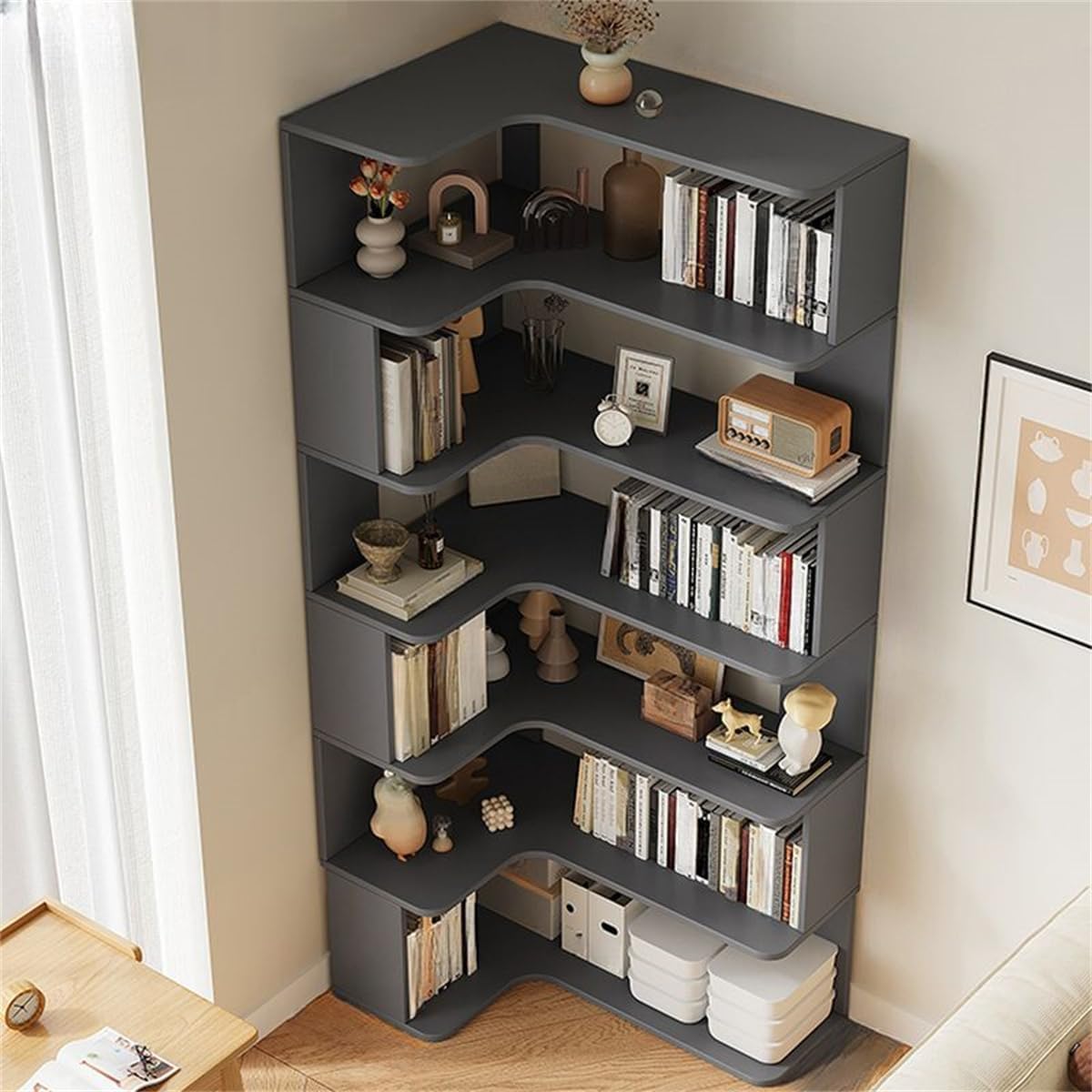 KWOKING Vertical Lumber Wall Corner with 6 Shelves/5 Shelves & Closed Back Bookshelf Rack Floor Student Corner Cabinet Wall Multi-Layer Storage Cabinet Bookcase Gray 24