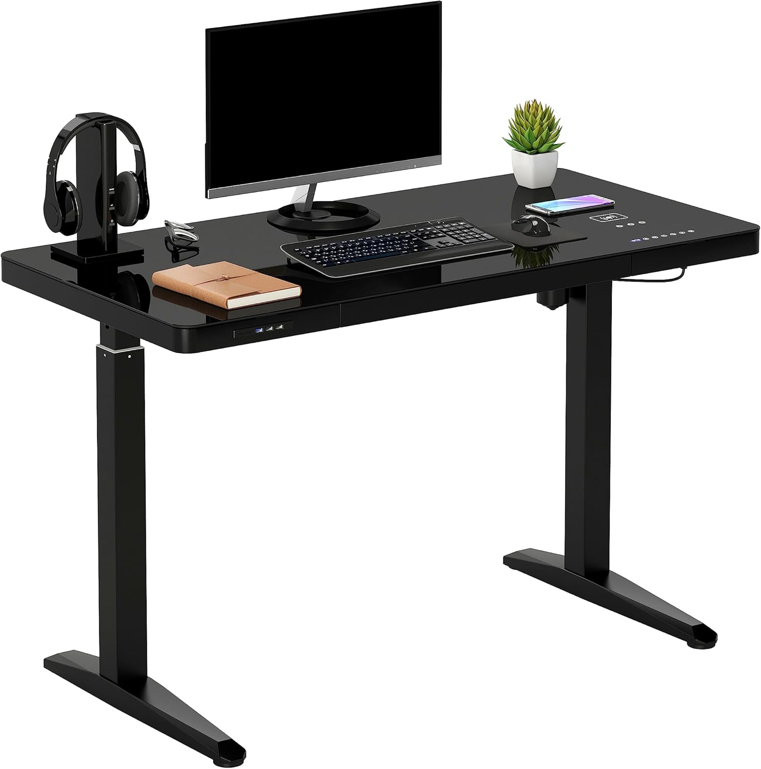 Techni Mobili Electric Standing Desk with Adjustable Height Up to 46.5 In – Computer desk with storage, Bluetooth Speaker, wireless charging & USB ports – 3 Memory Presets with Smooth Movement – Black