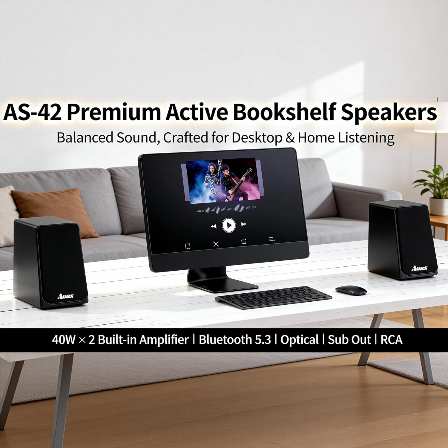 AORS Active Bookshelf Speakers for TV & Desktop Powered Stereo Bluetooth 5.3 Speaker with Optical & RCA Inputs