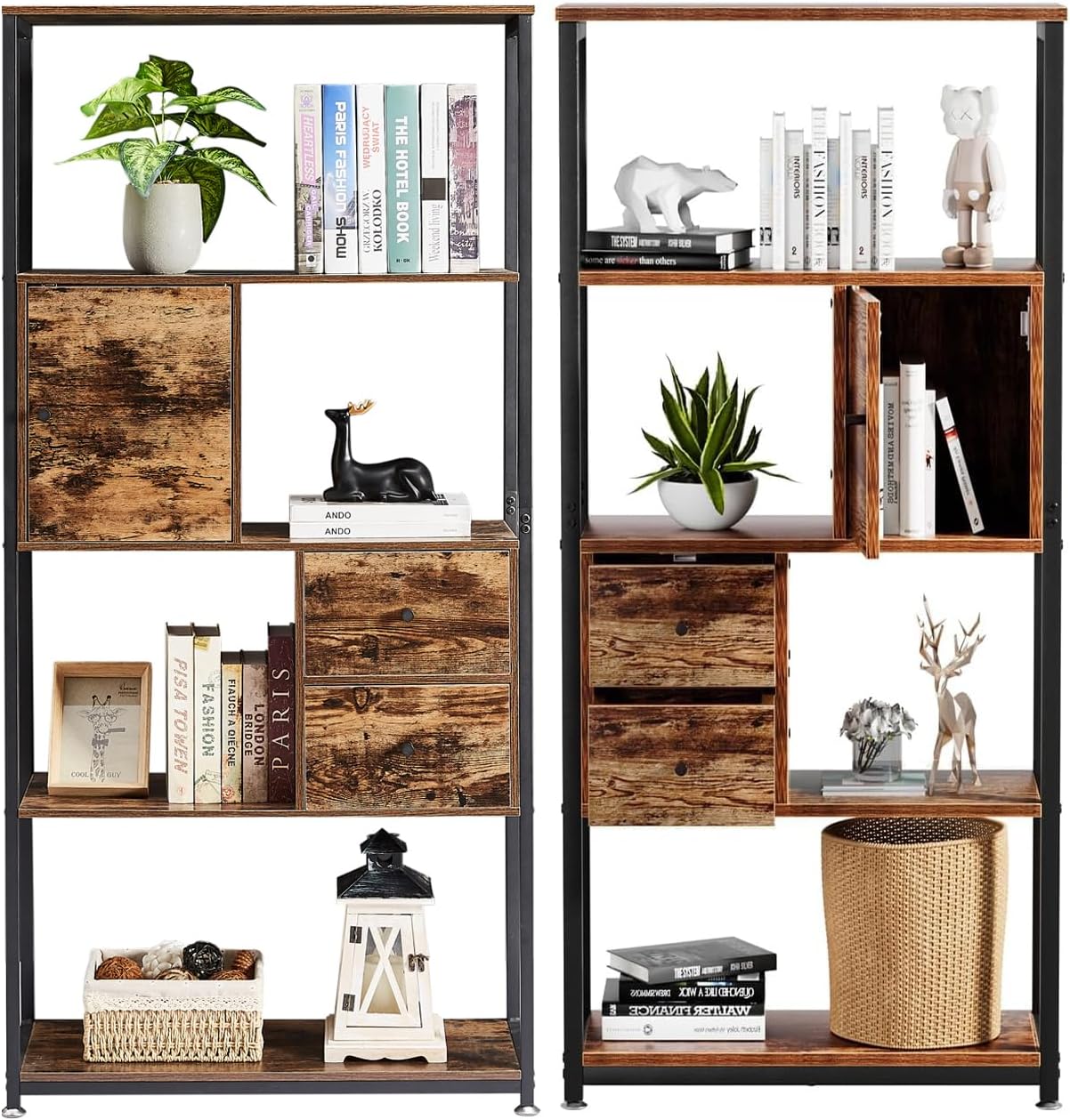 VECELO Bookshelf,4-Tier Book Shelves with 2 Storage Drawers and 1 Cabinet, Metal Frame Open Bookcase/Set of 2, Classic Brown