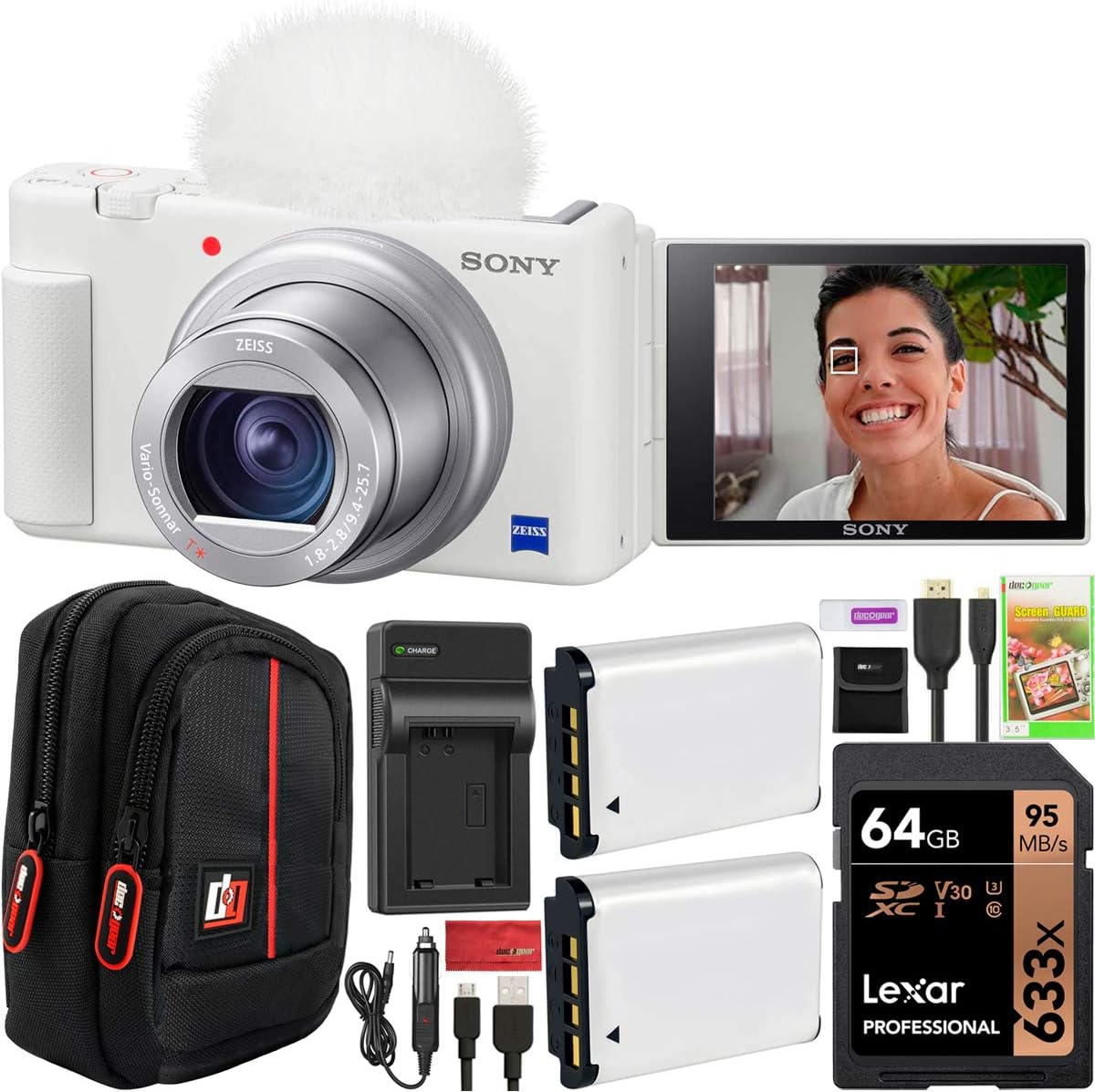 Sony ZV-1 Compact Digital Vlogging 4K Camera for Content Creators & Vloggers DCZV1/W Double Battery Bundle with Deco Gear Case + 64GB Card + External Charger and Accessories