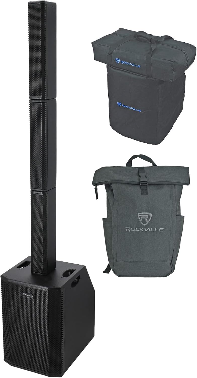 Rockville Titan Array System V2 Bundle: 3200W Powered Peak Column Array Speaker, Dual 10″ Subwoofer, RPAK Charcoal Durable Backpack with Padded Laptop Pocket, 2 Items