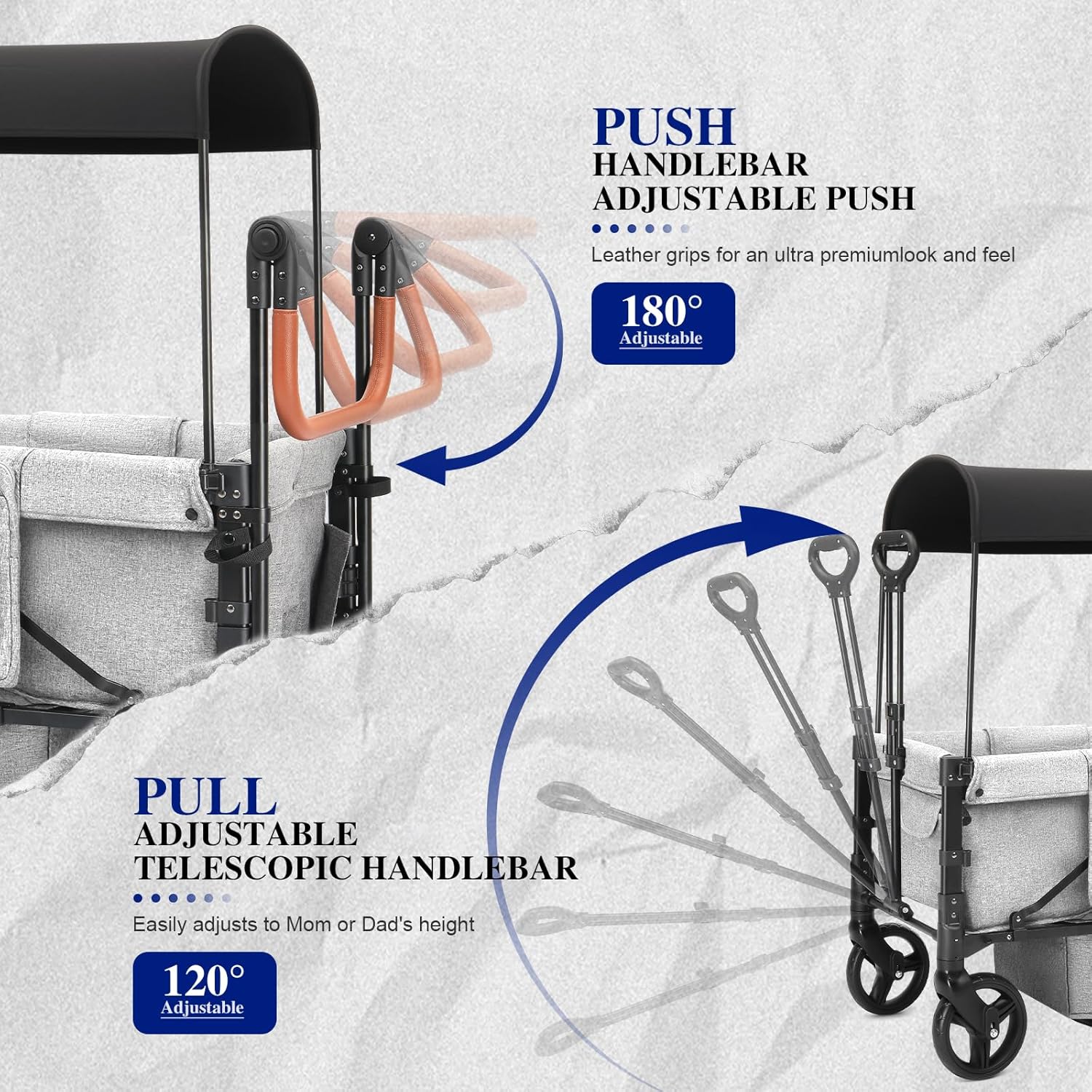 Stroller Wagon for 4 Kids, Foldable Wagon with Footwell, Lightweight, Adjustable Push and Pull Handles, 5-Point Harness, Adjustable Canopy for Outdoor Adventures (Gray)