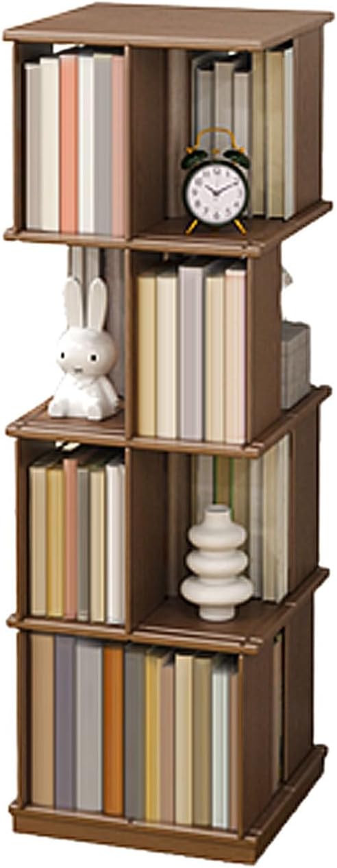 GAMAK Rotating Bookshelf Kids 360 Display 3-4 Tier Revolving Bookcase with Brake Wheels Floor Standing Bookcase Narrow Bookshelf for Small Spaces Natural Wood (Color : Walnut, Size : Moving_Four)