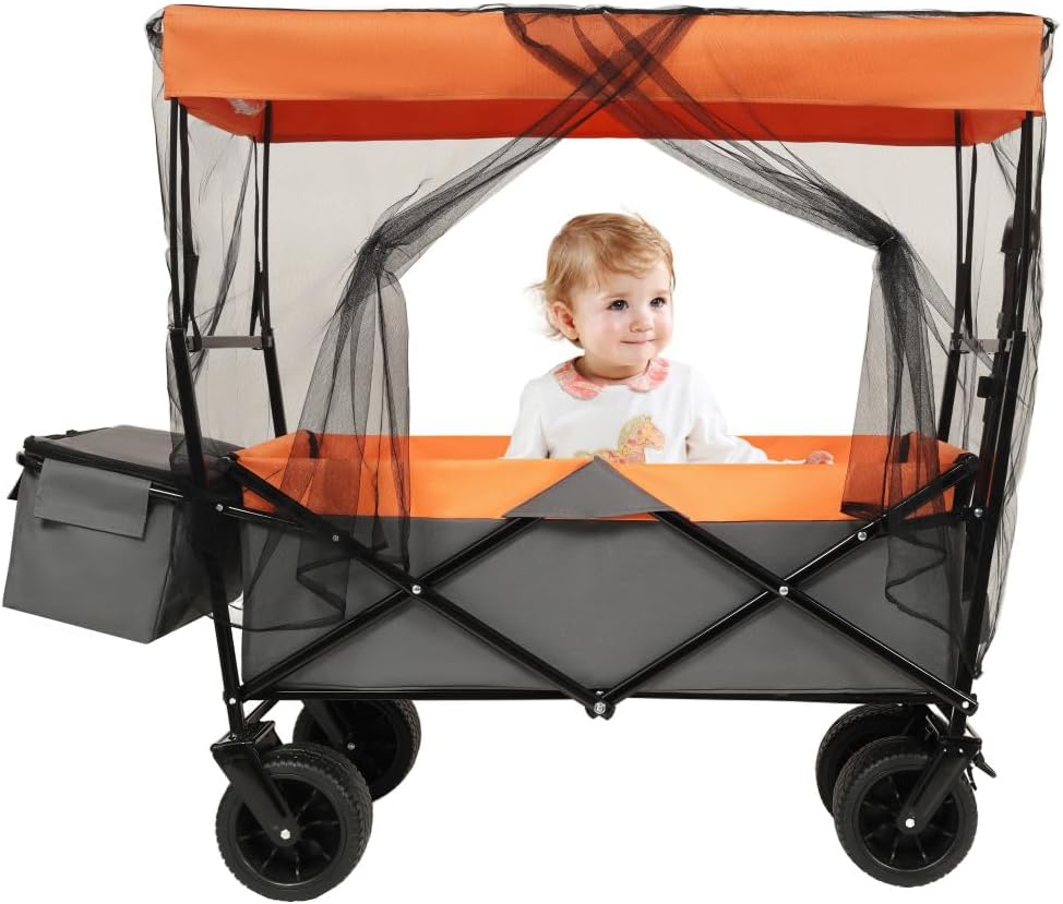 Heavy-Duty Collapsible Wagon with Removable Canopy and Mosquito Net, All-Terrain Wheels, Adjustable Handle, Large Capacity for Camping, Beach, Garden & Shopping (Orange + Steel)