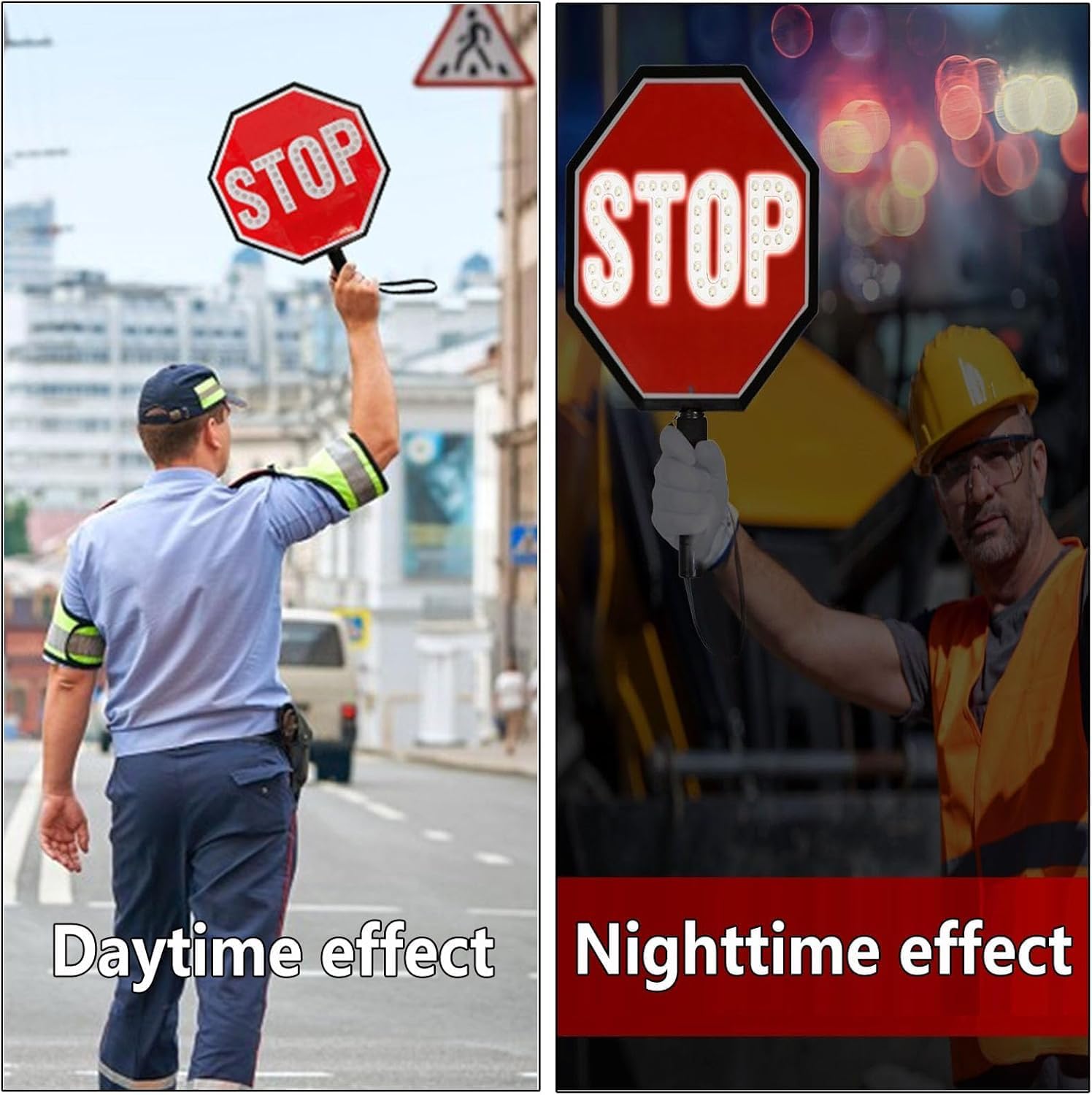 Double-Sided LED Stop Slow Paddle Sign - Handheld Traffic Safety Sign with Foam Grip for School Crossings, Construction, Parking - Bright Light, 1-Pack (Stop/Slow)