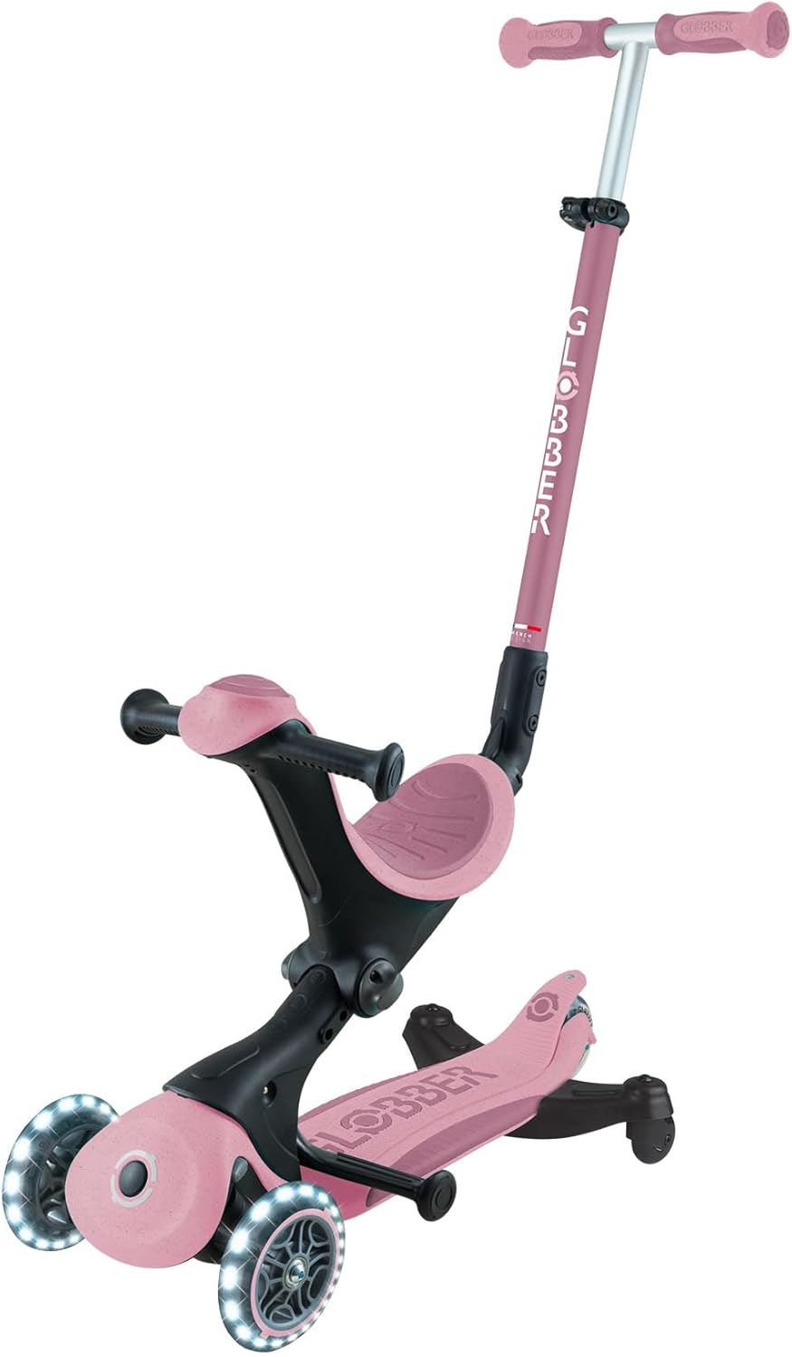 Globber - GO•UP Deluxe Lights ECO 360-3-Wheel Scooter with 360° Rotatable Seat, Footrest, LED and Durable Materials, 15 Months to 6 Years - Berry Pink