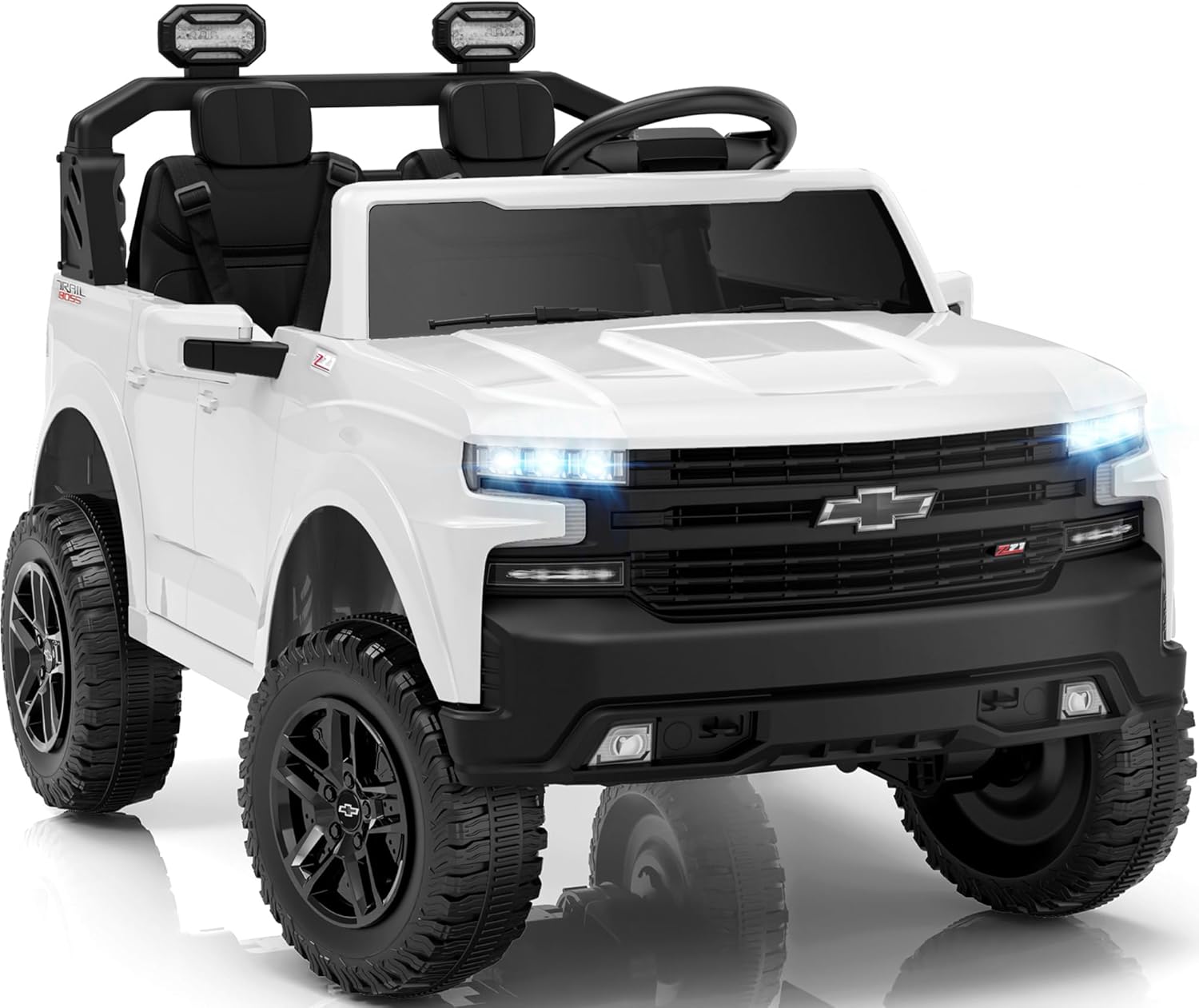 First Ride On 24V 2 Seater Ride on Car for Kids, Licensed Chevrolet Silverado Electric Car for Kids with Remote Control, Toddler Car with Bluetooth, LED Lights, Seat Belts and Spacious Design (White)