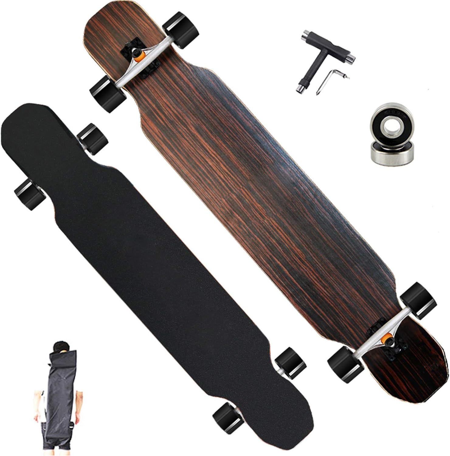 Longboard Skateboard 117×22cm Complete Board 5 Layers of Maple + 1 Layer of Bamboo ABEC-11 Bearing Drop-Through Freeride Skate Cruiser Boards for Adults Boys and Children Load Maximum 200KG
