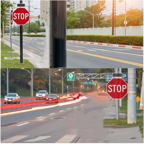 Solar-Powered LED Stop Sign - Blinking Traffic Warning Sign, Heavy-Duty Reflective Aluminum Octagon for Enhanced Visibility and Safety