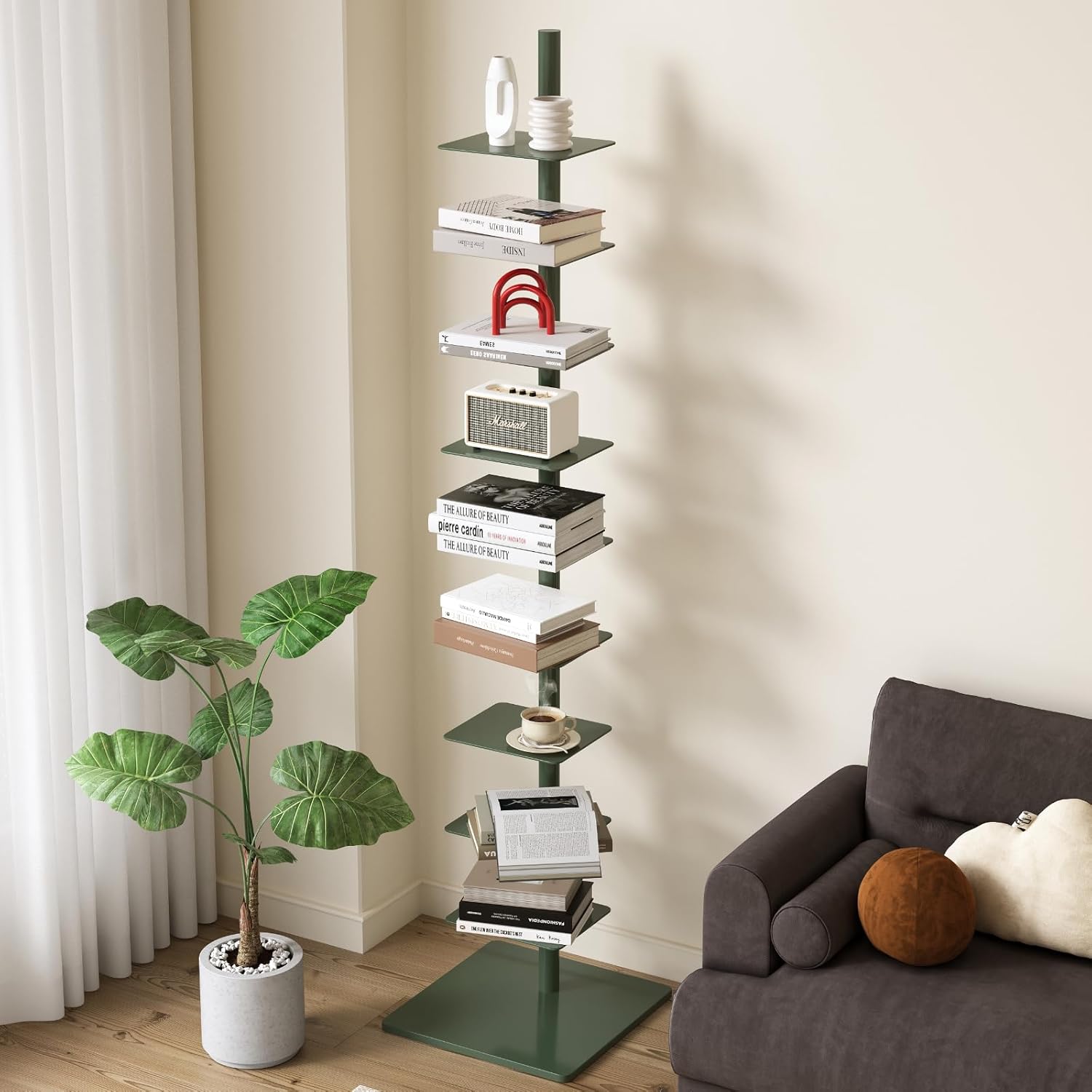 9-Tier Metal Spine Bookshelf -Spine Bookshelf, Tall Narrow Ladder Bookshelf, Vertical Spine Book Tower, Corner Bookshelf for Small Space, Multipurpose Display Book Shelf for Home Office (Dark green)