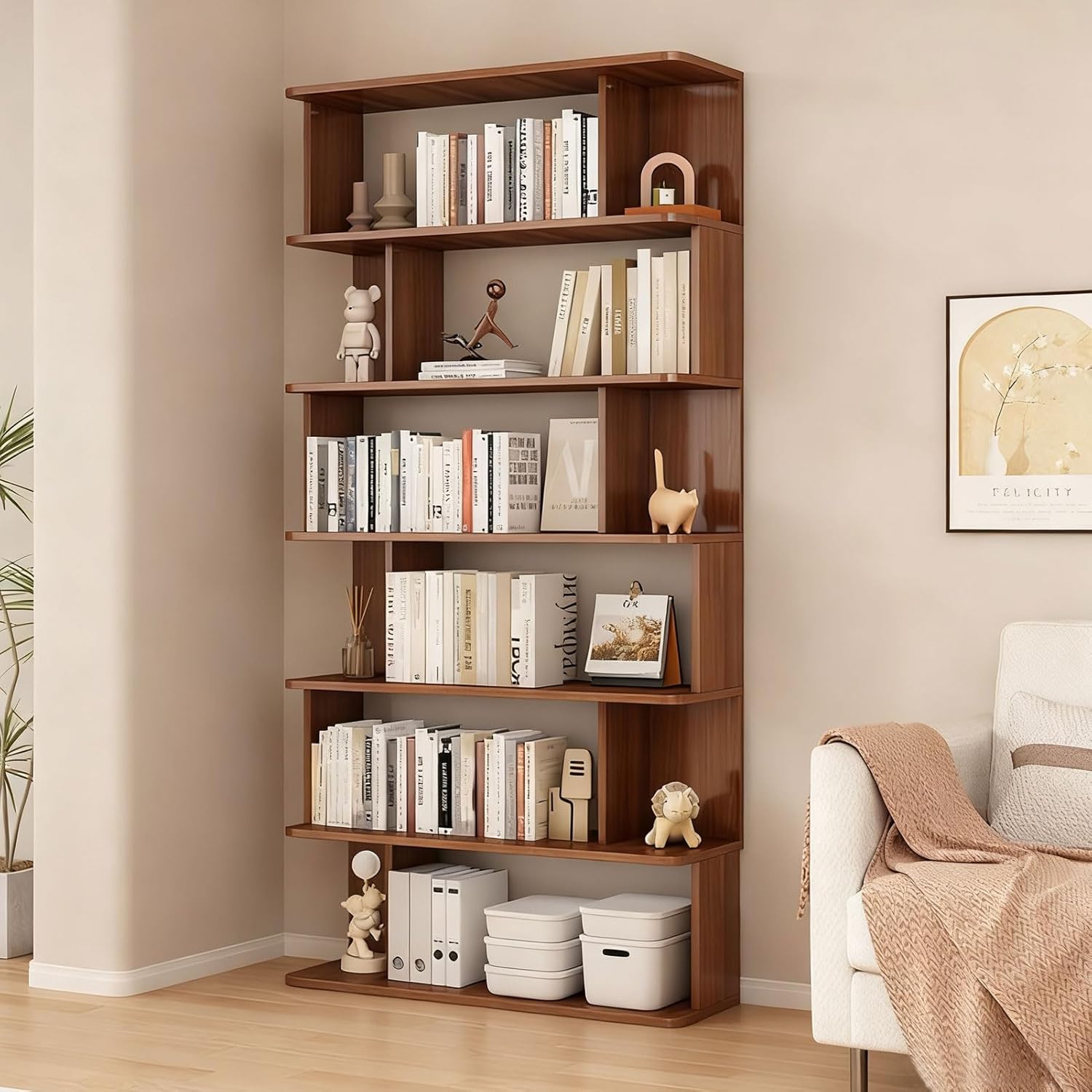 YKLYTBD 6-Tier Walnut Wooden Geometric Bookshelf, 75.1