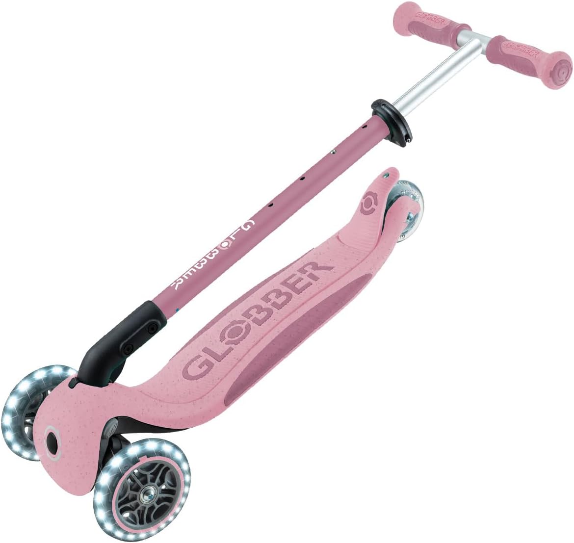 Globber - GO•UP Deluxe Lights ECO 360-3-Wheel Scooter with 360° Rotatable Seat, Footrest, LED and Durable Materials, 15 Months to 6 Years - Berry Pink