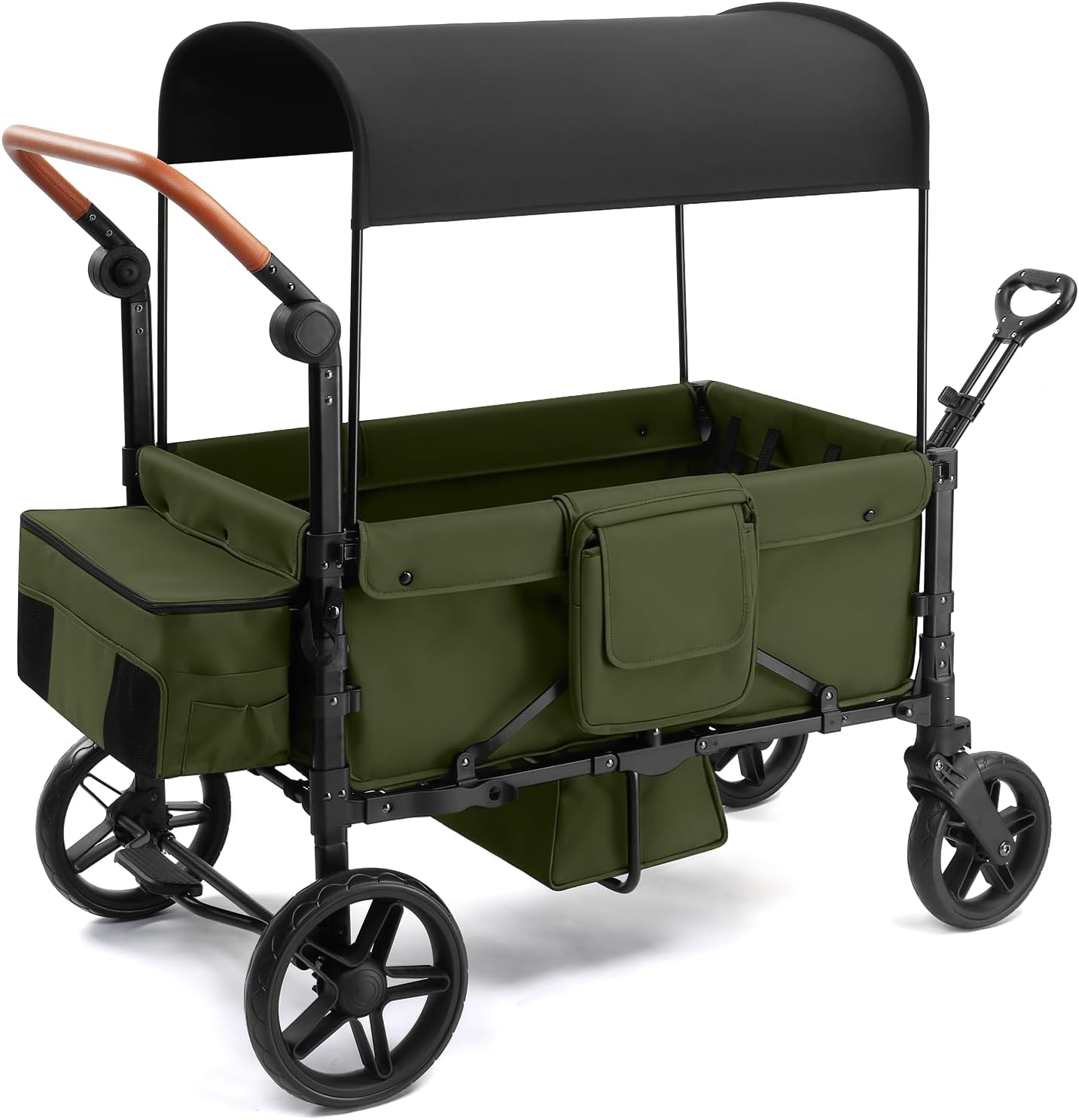 Stroller Wagon for 4 Kids, Foldable Wagon with Footwell, Lightweight, Adjustable Push and Pull Handles, 5-Point Harness, Adjustable Canopy for Outdoor Adventures (Green)
