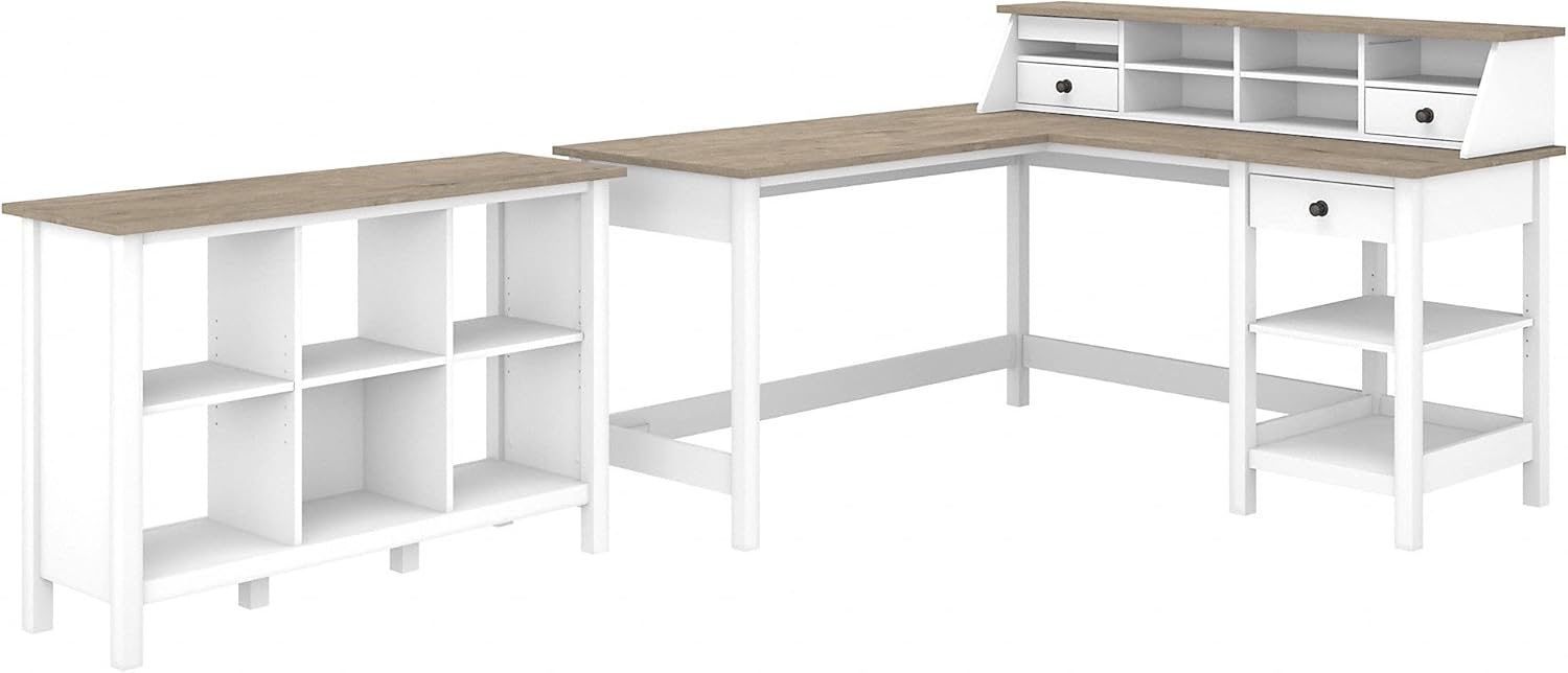 Bush Furniture Mayfield 60W L Shaped Computer Desk with Desktop Organizer and 6 Cube Bookcase in Pure White and Shiplap Gray