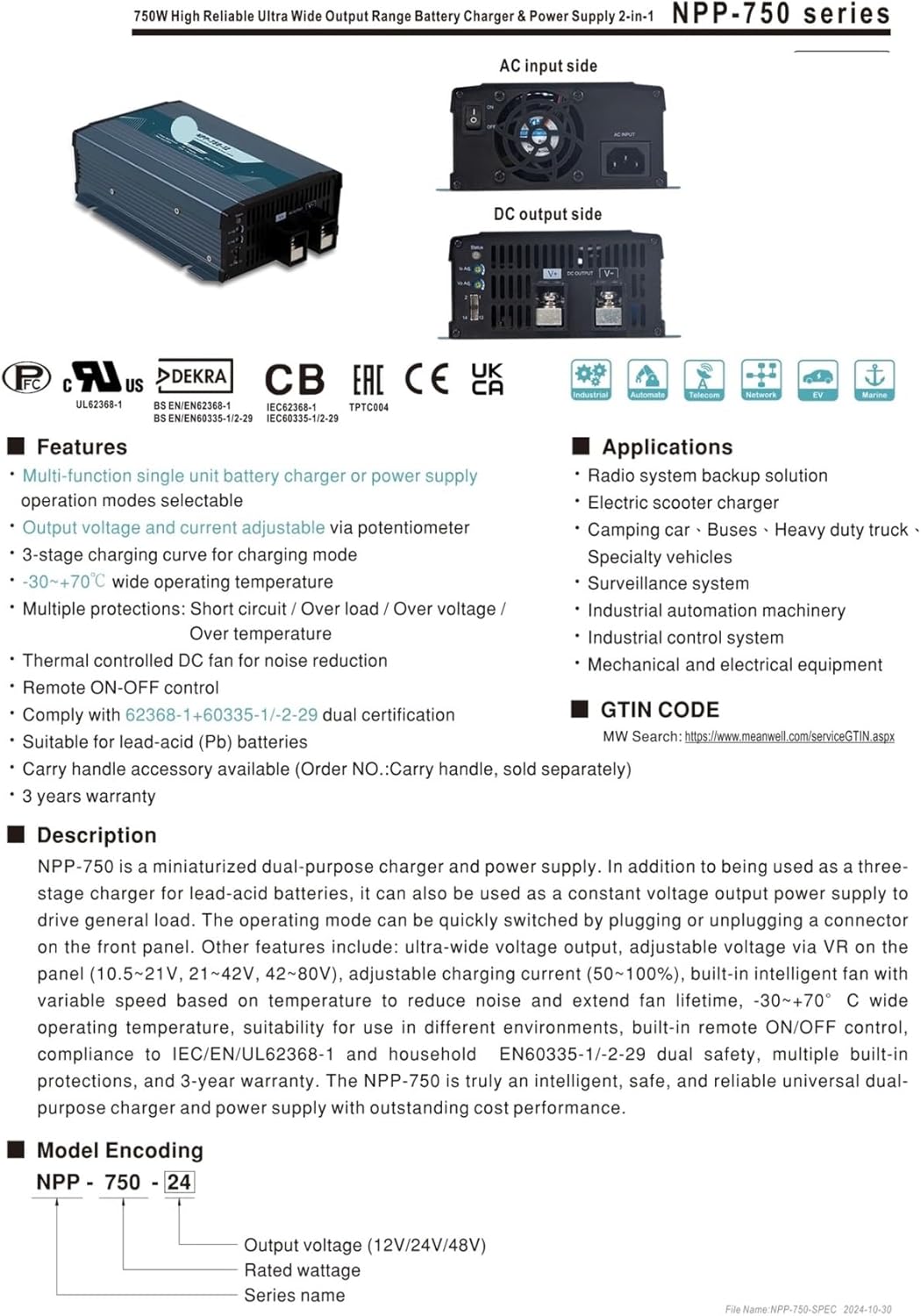 750W Output Battery Charger & Power Supply 2-in-1 NPP-750-12 NPP-750-24 NPP-750-48(NPP-750-24)