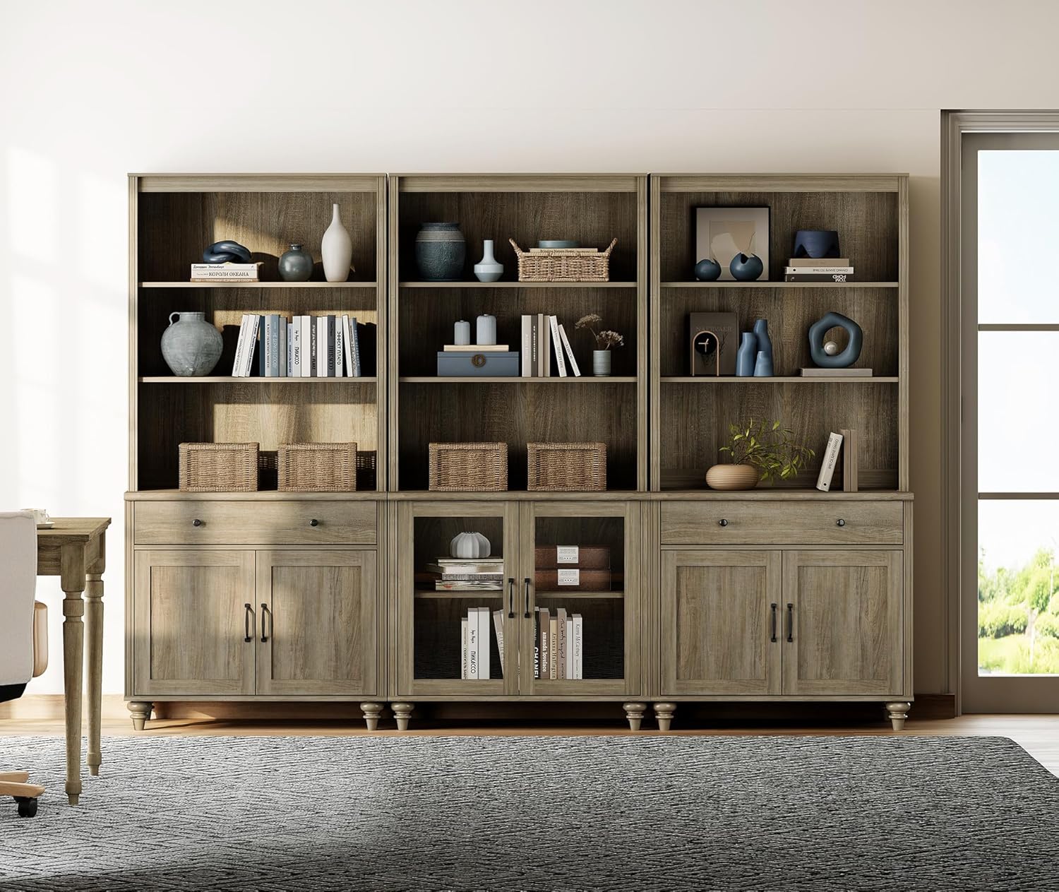 WAMPAT Set of 3 Gray Wash Bookcase with Doors and Drawers, 5 Tier Bookshelf, 72'' Tall Book Case Shelf, Large Wood Bookcases Farmhouse Bookshelves for Living Room Bedroom Home Office Kitchen