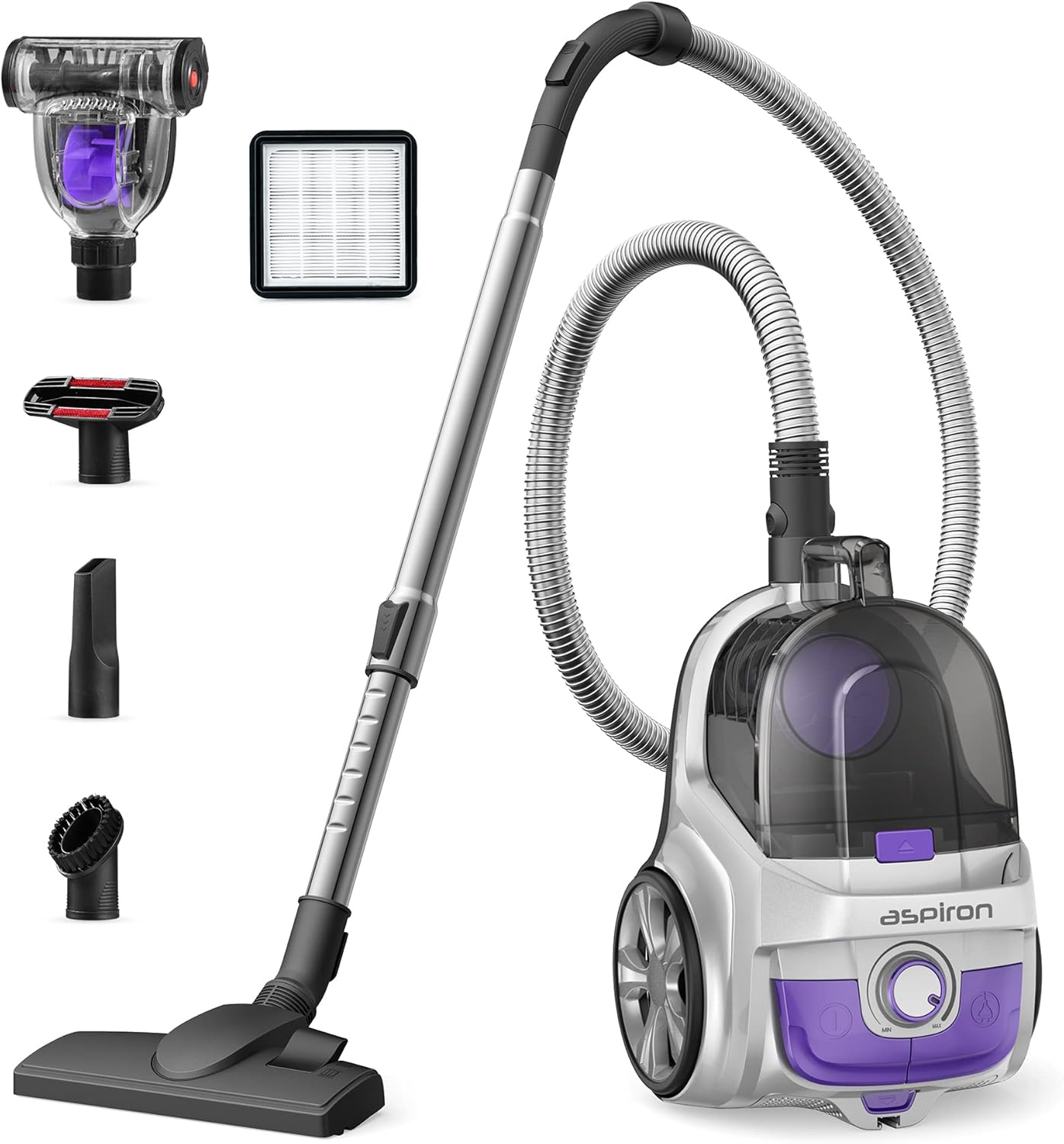 Aspiron Canister Vacuum, Upgraded 1600W Bagless Canister Vacuum Cleaner, Auto Cord Rewind, H13 HEPA Filter, 3.7Qt Large Capacity, 5 Tools for Hard Floors, Carpet, Pet, Upholstery, Tiles, Car, Lavender