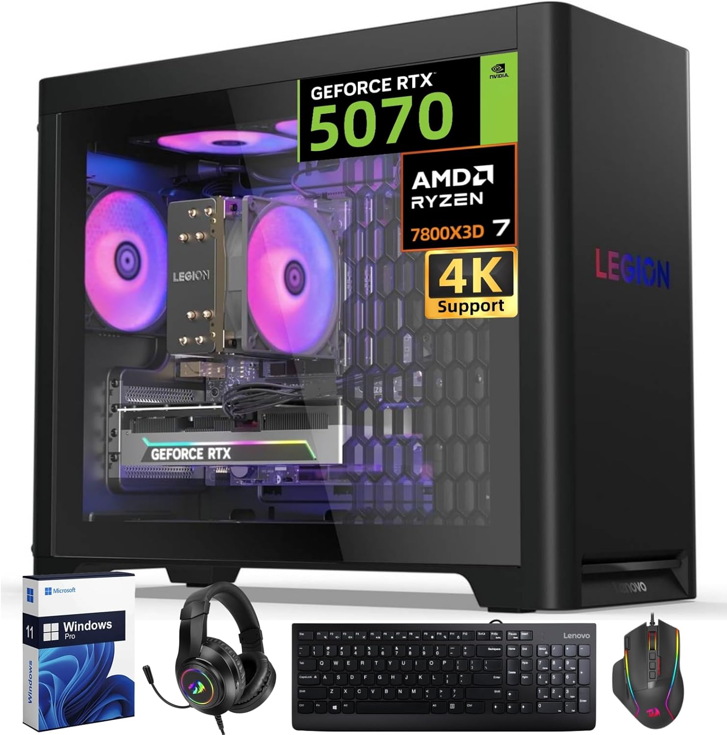 Lenovo Legion T5 Gaming Desktop Tower, AMD Ryzen 7 7800X3D, NVIDIA GeForce RTX 5070 12GB GDDR7, 32GB DDR5 5600MHz, 2TB SSD, 2TB HDD, WiFi 6E, ARGB Fans, Legion Cooling, Windows 11 Pro, Accessories