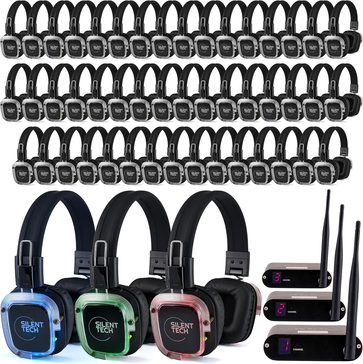Silent Disco in a Box – 50 LED Wireless Headphones, 3 Channel Transmitters, Plug & Play for Smartphones, Laptops, Tablets, 10 Hour Battery, 500-Yard Range – Silent Disco Headphone System