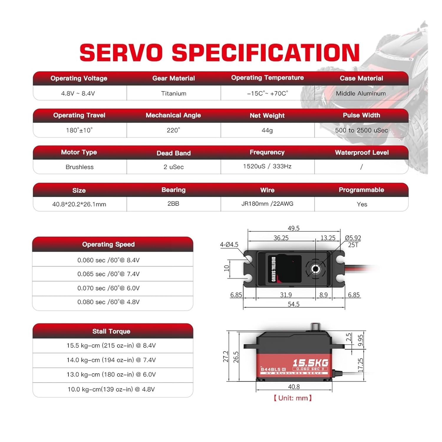 B44BLS V2 45g Gear Super High Speed ​​0.062 sec 15.5KG Low Profile Brushless Digital Remote Control Servo Suitable for 1/10(B44BLS V2 Set2)