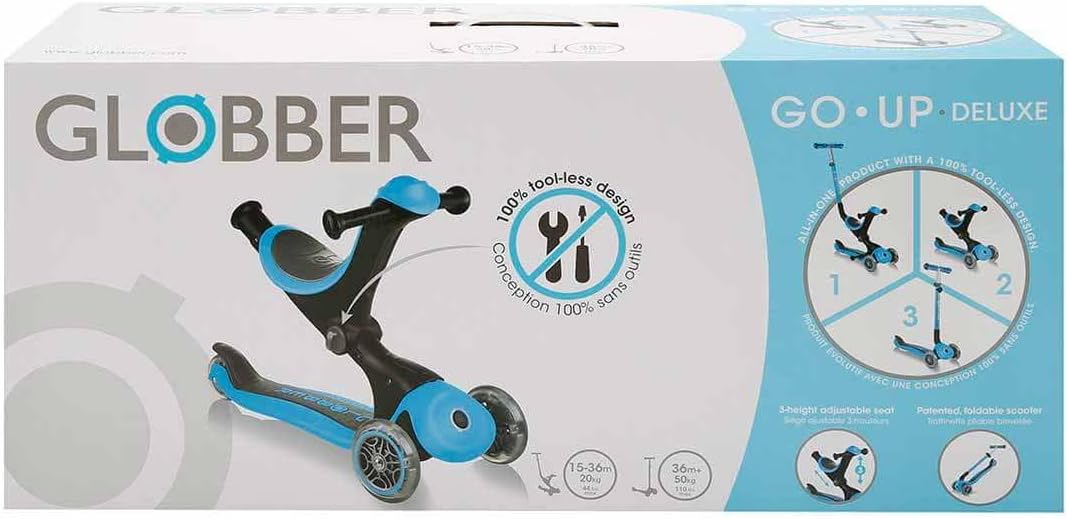 Globber - GO•UP Deluxe - Adjustable 3-Wheel Scooter with Seat for Children Aged 15 m + to 9 Years +