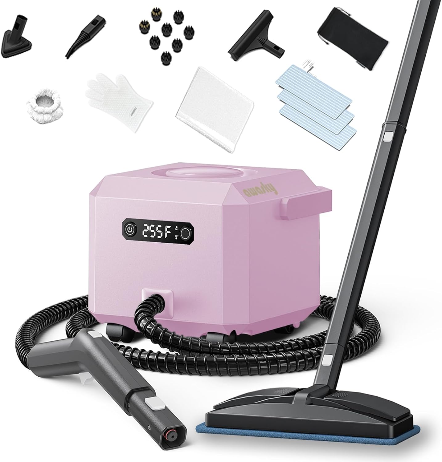 awasky Steam Cleaner: 1650W, Fast 50-Sec Heat-Up-21-Piece Kit Refill Anytime-No Cooling-Detachable Hose Steamer Mop for Home Use Car Bed Furniture Bathroom Tile Grout Floor Cleaning And More Pink