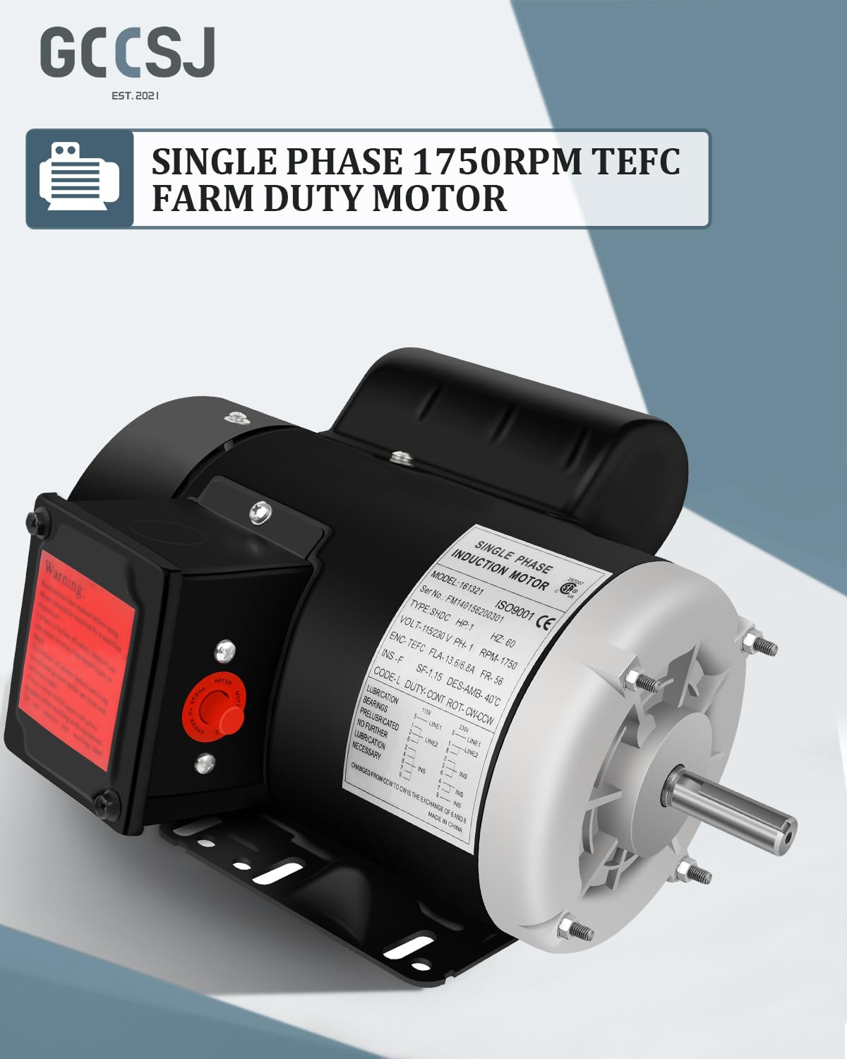 Electric Motor 1 HP Farm Duty Motor, Single Phase Motor 1750RPM 115V/230V 13.6/6.8A CW/CCW TEFC
