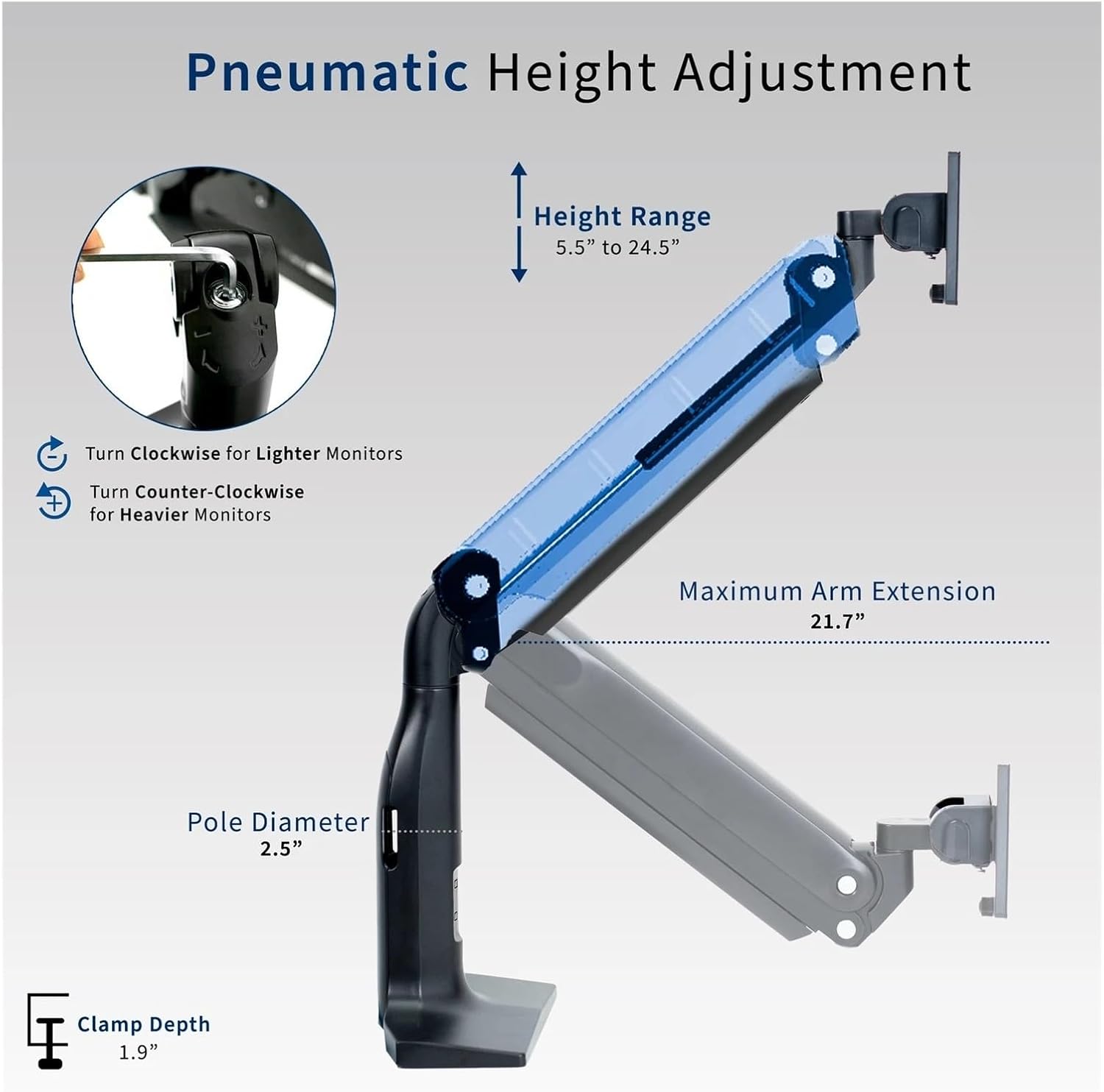 Single Piece Extra Wide Monitor Pneumatic Stand Desktop Bracket, Maximum Hole spacing 200x100-