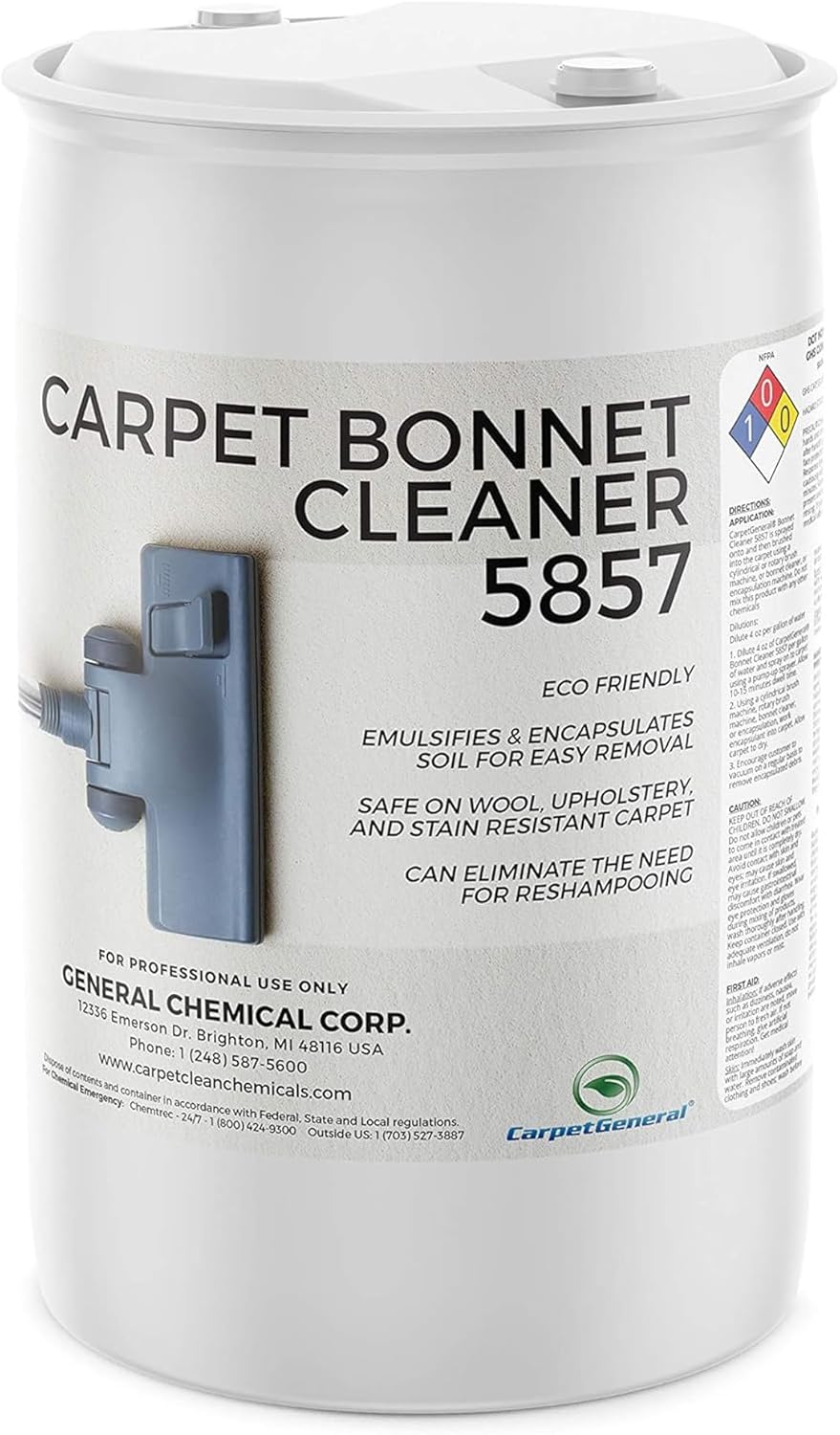 CarpetGeneral Bonnet Cleaner 5857 - Heavy Duty Shampoo Carpet Freshener Solution for Machine - Fast Drying & Pet Safe Carpet Shampoo for Rotary Cleaners, Commercial, & Industrial Use - 55 Gallon