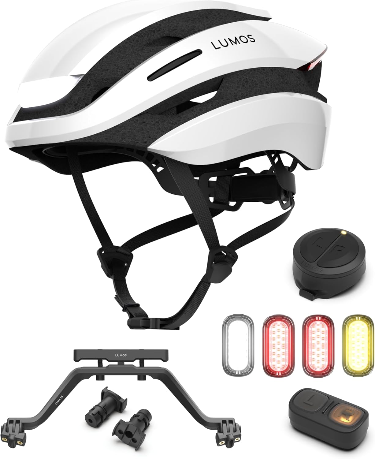 Lumos Ultra Helmet(Jet White,Non-MIPS,Size M-L) & Signal Light Kit(Firefly Mini - 4 Pack & Remote Control & Turn Signal Mount) & Handlebar-End Mounts