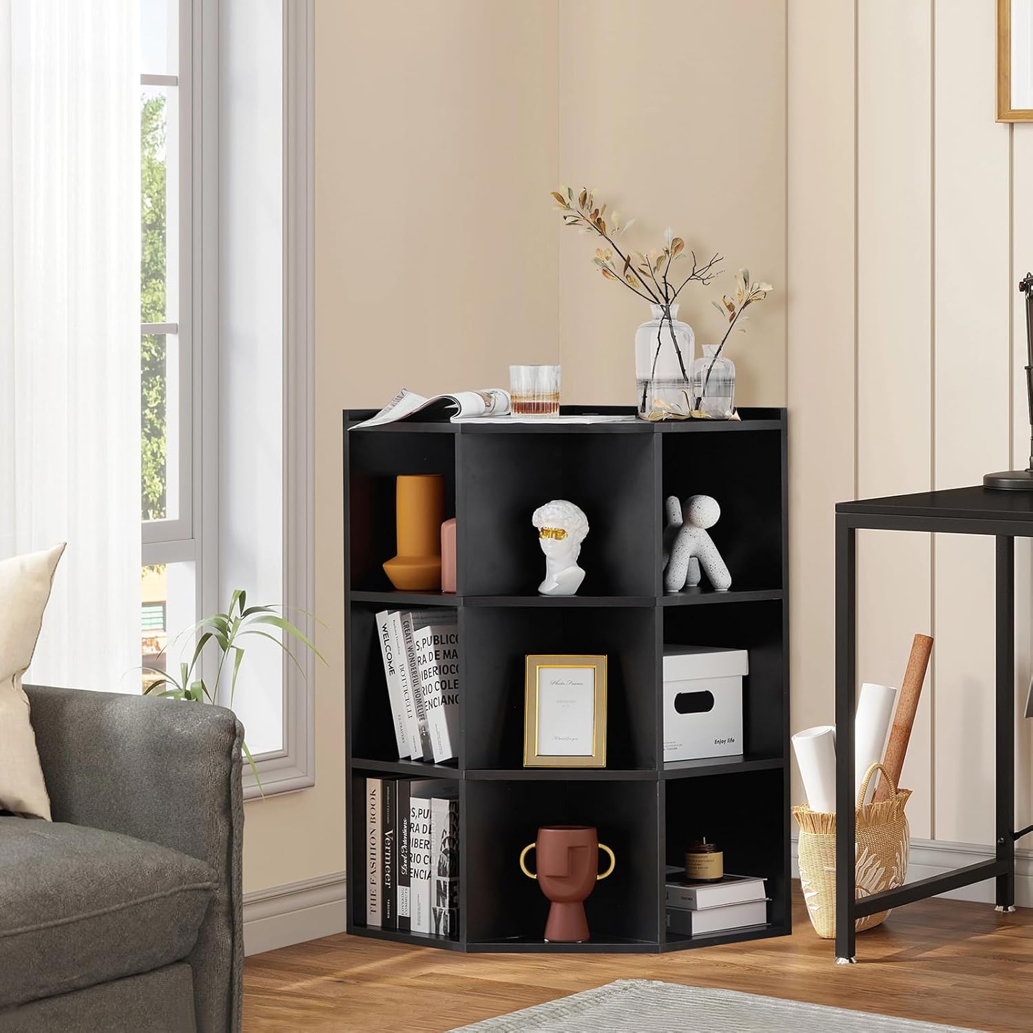 Corner Cabinet with USB Ports and Outlets, Wooden Corner Cube Storage with USB Ports and Outlets 9 Cube Corner Bookshelf Bookcase for Small Space, Playroom, Bedroom, Living Room, Home Office, Black