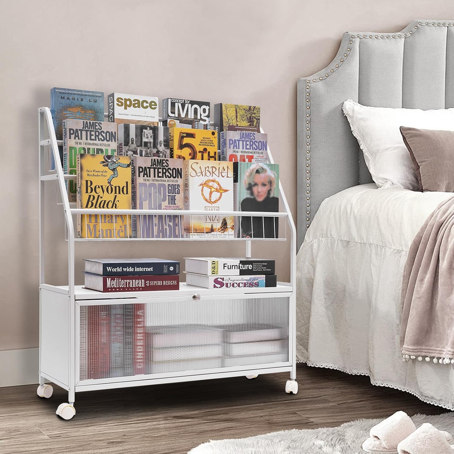 5 Tier Metal Kids' Bookcases, Cabinets & Shelves on Wheels, Reading Nook for Kids Bookshelf and Toy Storage, White Book Shelf for Kids Rooms, Bedroom, Living Room, Library, Playroom Storage