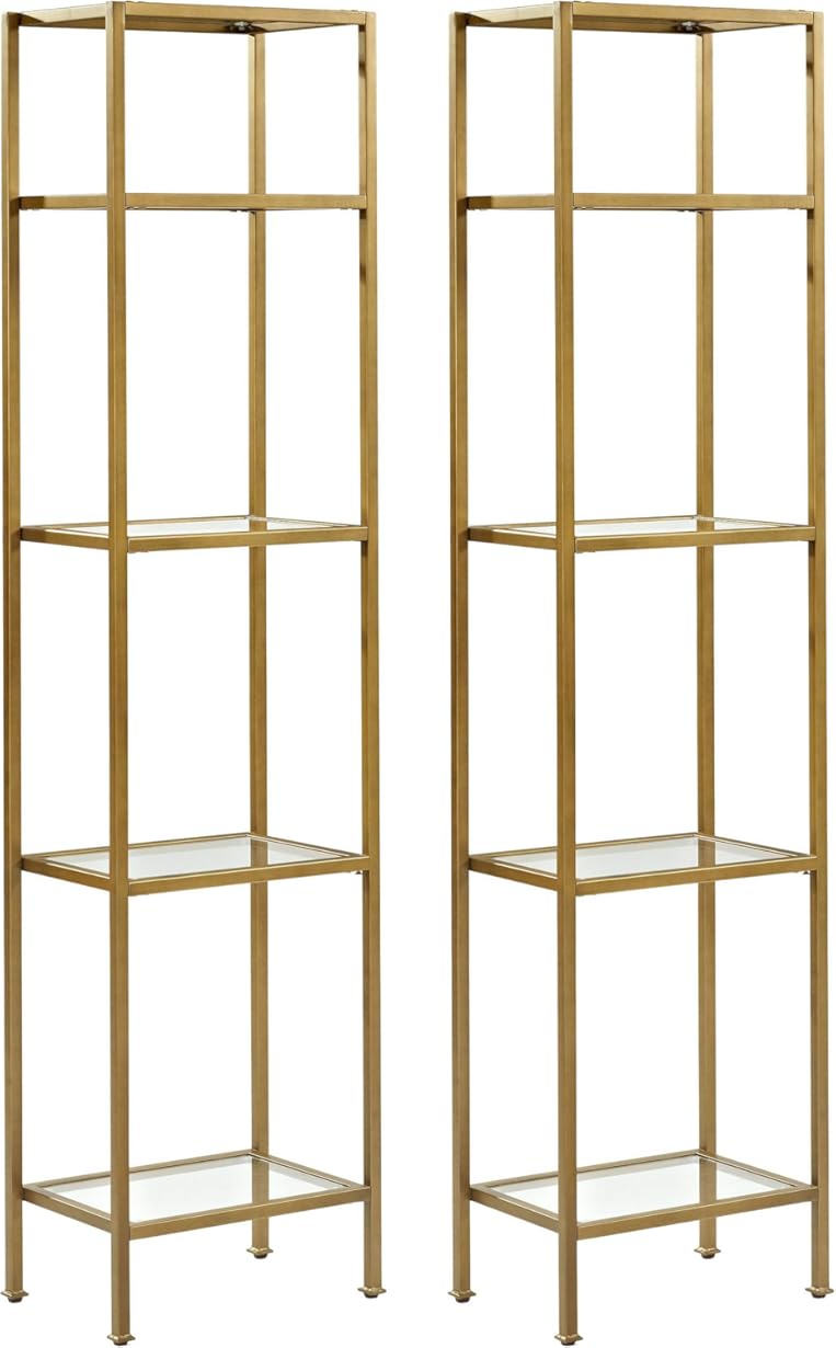 Crosley Furniture Aimee 2-Piece Bookshelf Set with Glass Shelves, Bookcase Storage, Gold and Glass
