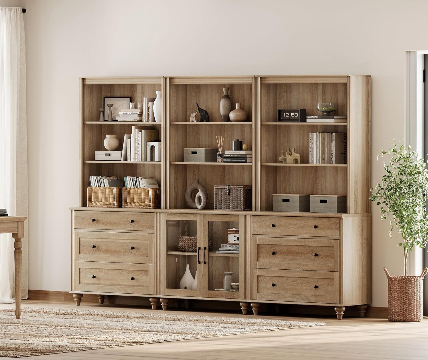 WAMPAT Oak Bookcase with Drawers & Glass Doors Set of 3, 5 Tier Bookshelf, 72'' Tall Book Case Shelf, Large Wood Bookcases Farmhouse Bookshelves for Living Room Bedroom Home Office Kitchen